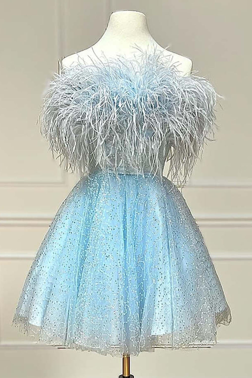 Light Blue A-Line Strapless Homecoming Dress/Mini Dress with Feathers