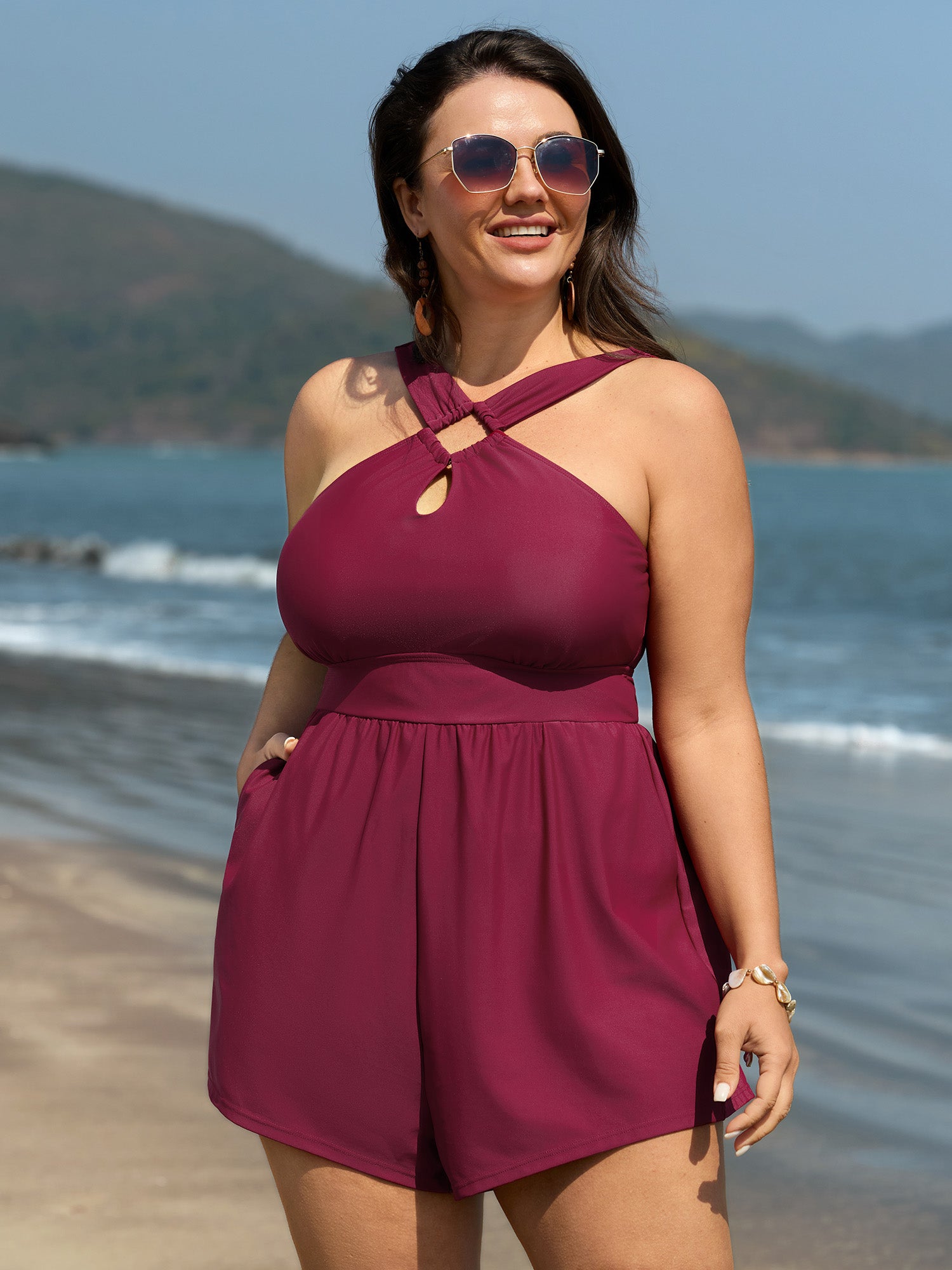 Cut-Out Neckline Cinched Waist Swim Romper