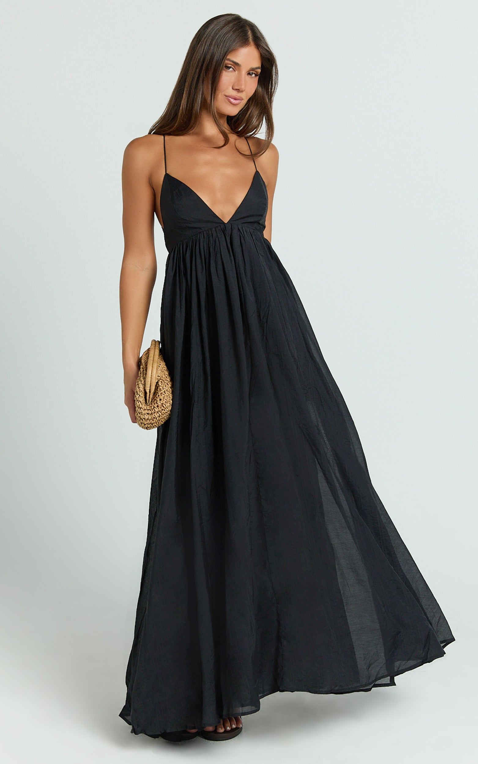 Kourtney Maxi Dress - V Neck Fit And Flare Dress With Tie Back Detail in Black