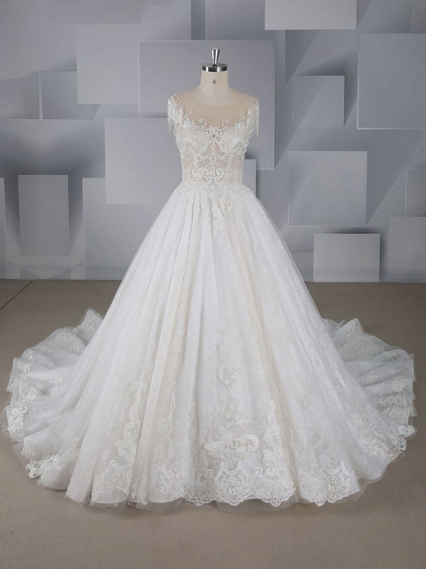Beautiful Lace Crew neck Tulle Court Train Wedding Dresses