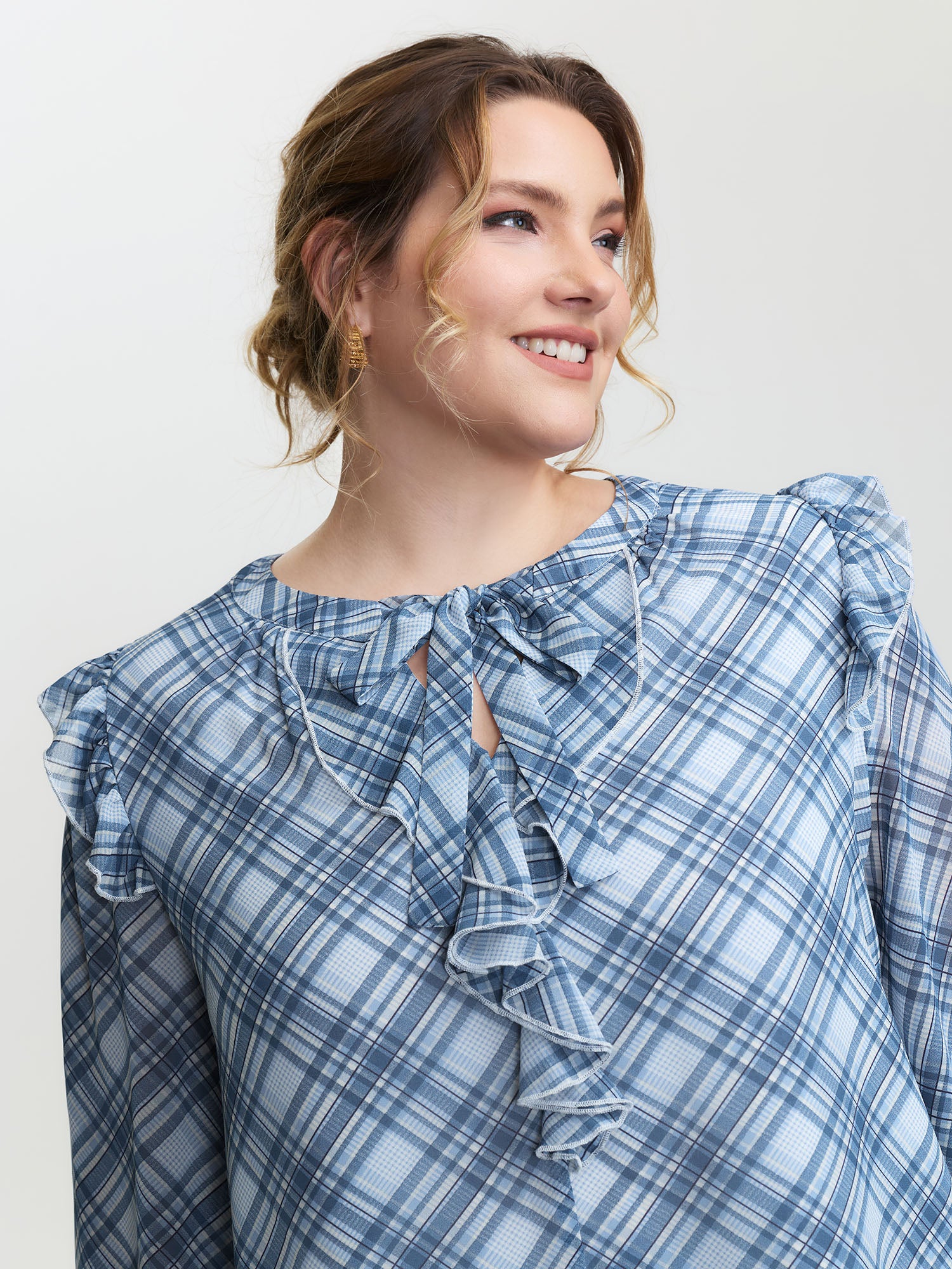 Plaid Print Sheer Ruffled Blouse