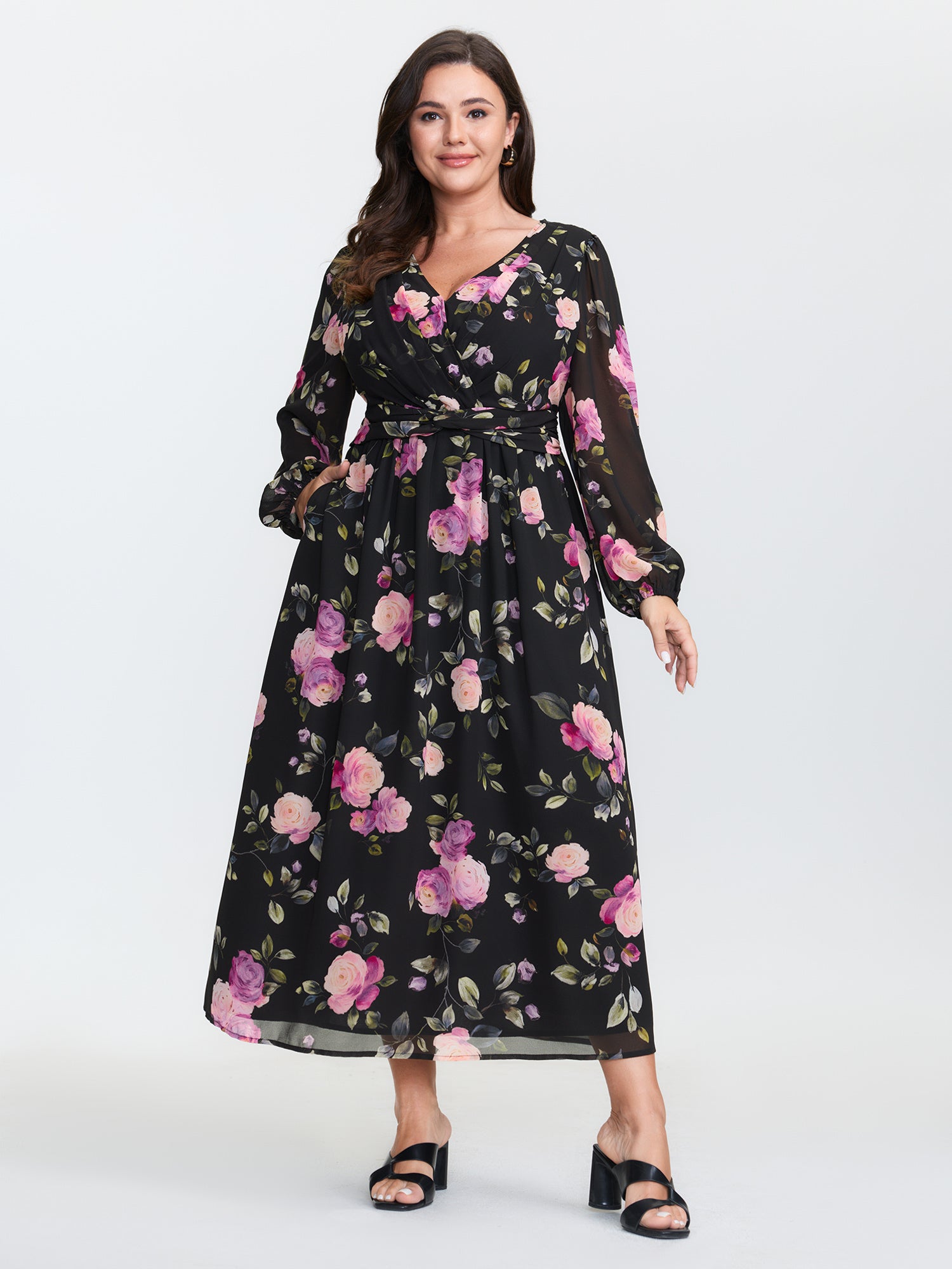 Rosy Pattern Pleated Waist Maxi Dress