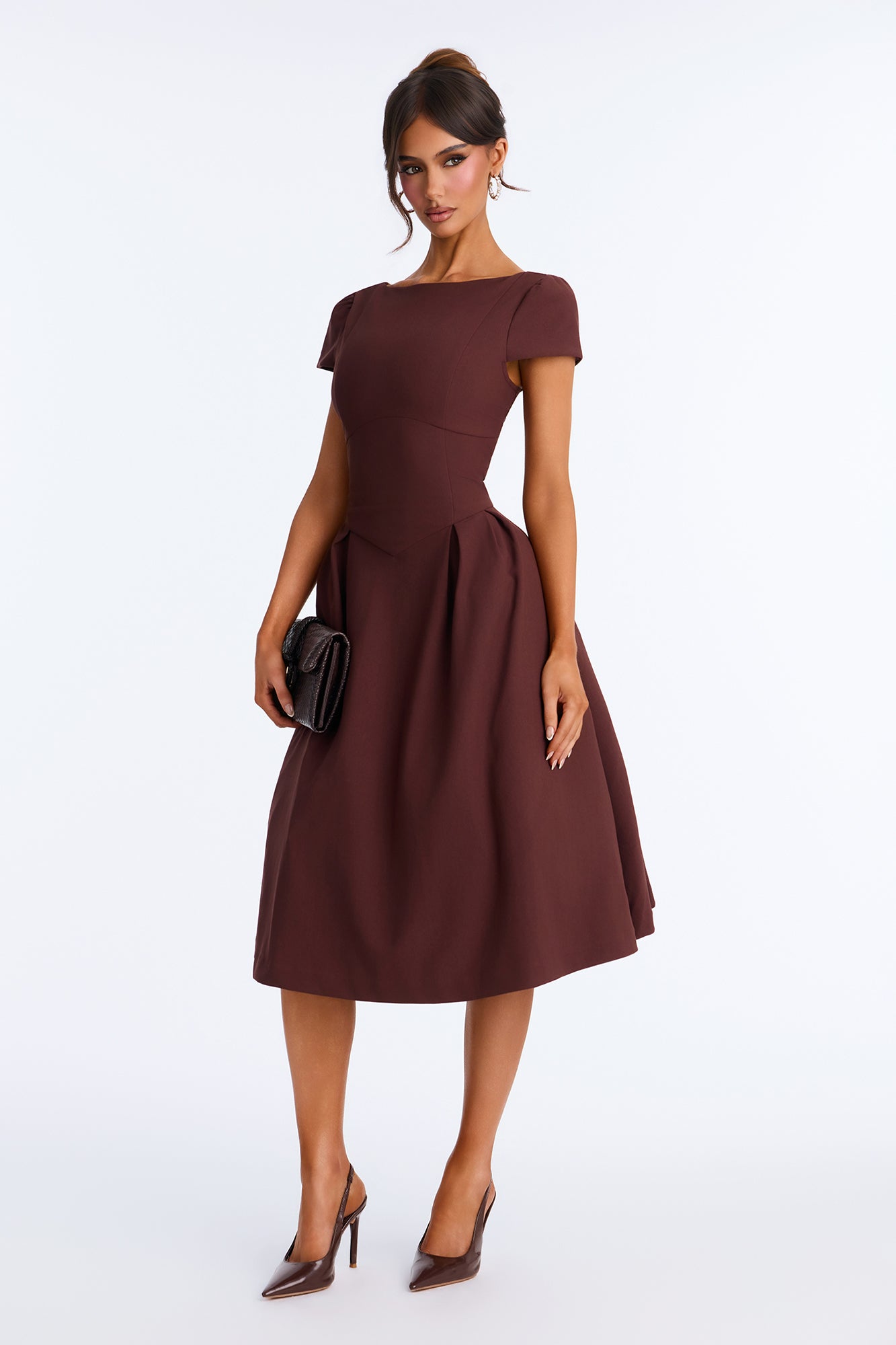 Anika Pleated Short Sleeve Stretch Crepe Midi Dress - Brown