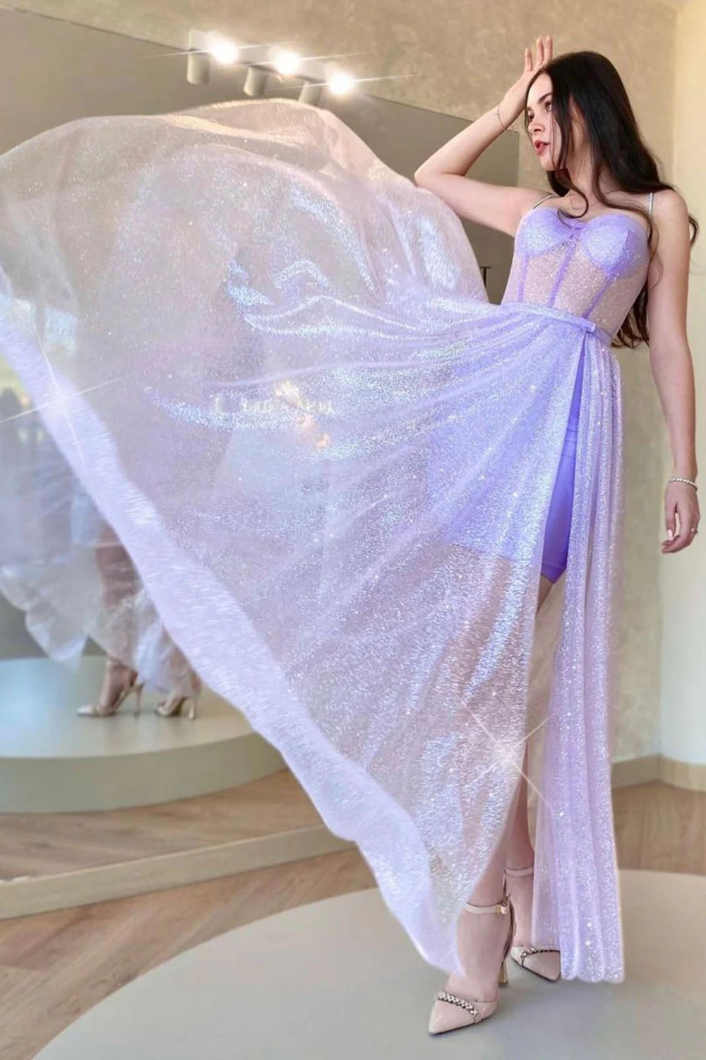 Lilac corset prom dress with spaghetti straps and a criss-cross back in A-line silhouette