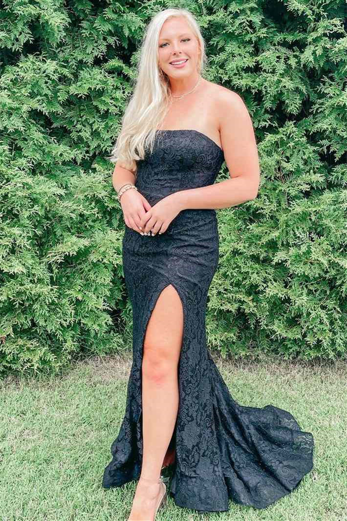 Charming Black Strapless Split Mermaid Evening Dress With Appliques