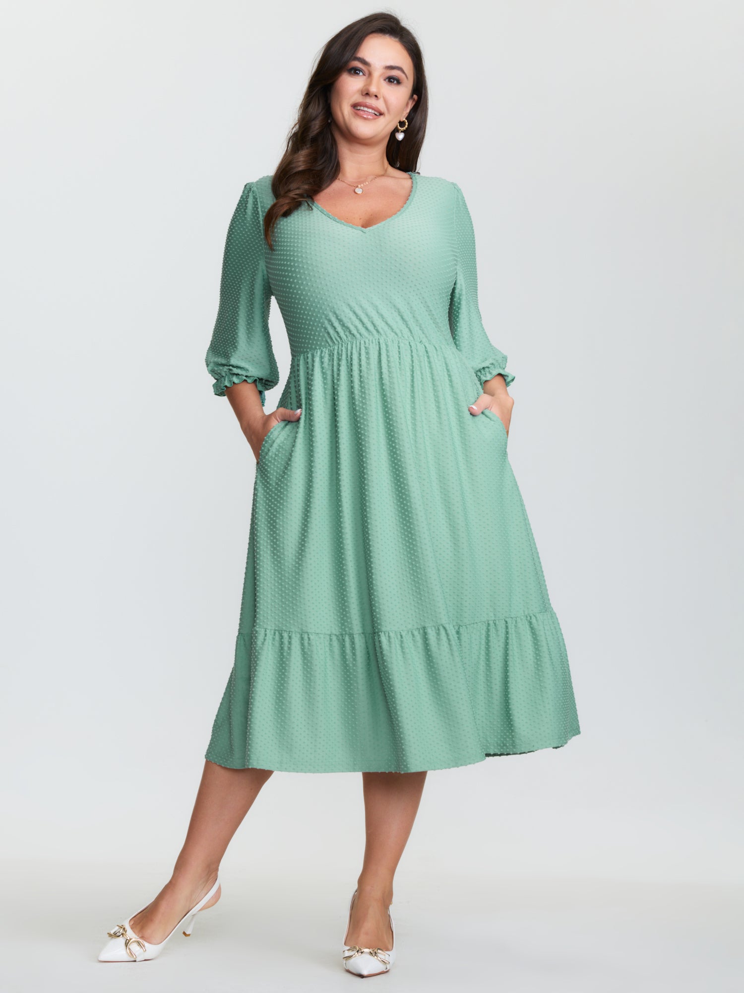 Polka Dots Knit Jacquard Stretchy Waist Midi Dress