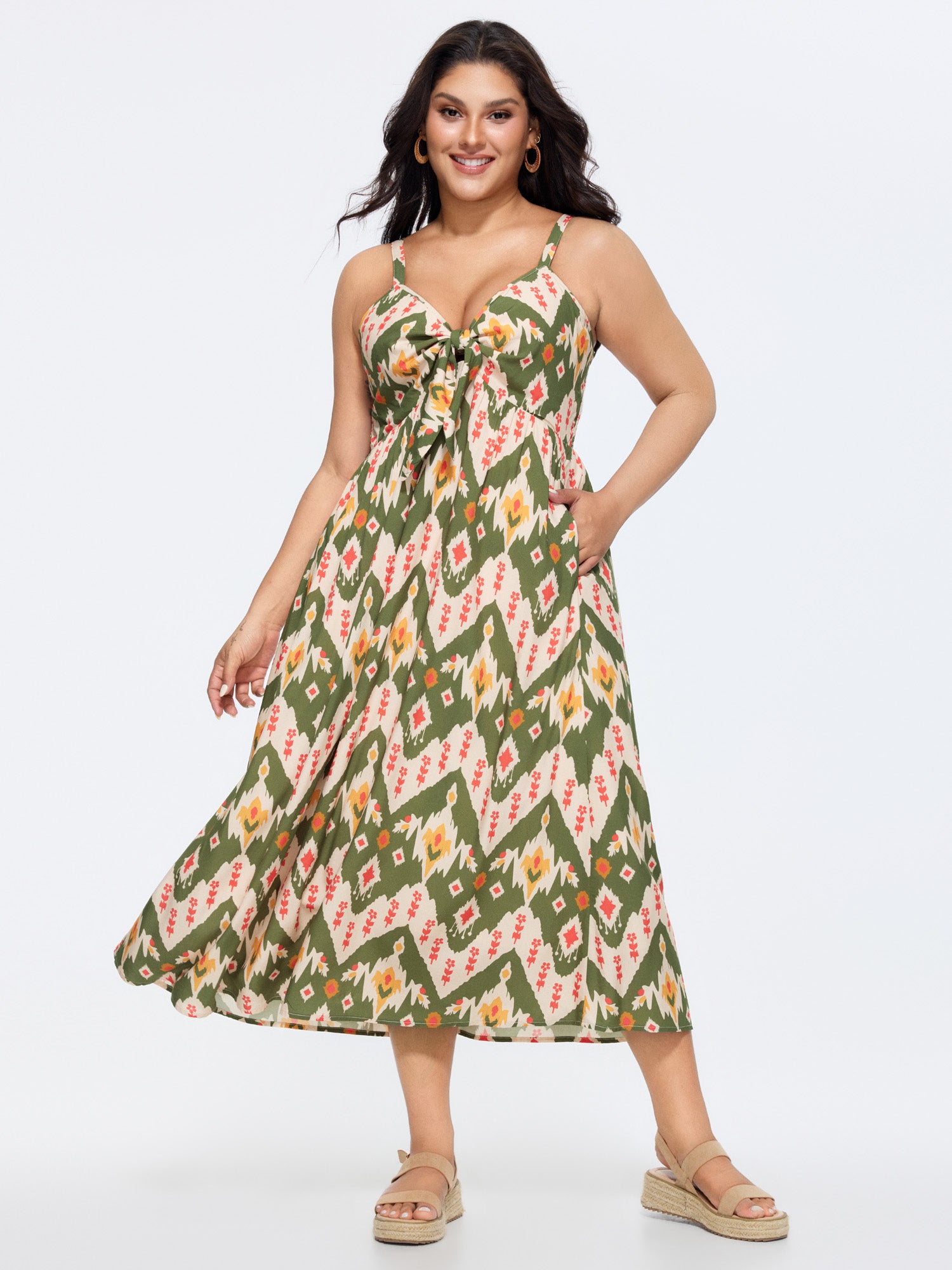 Geometric Print Knotted Front Midi Dress