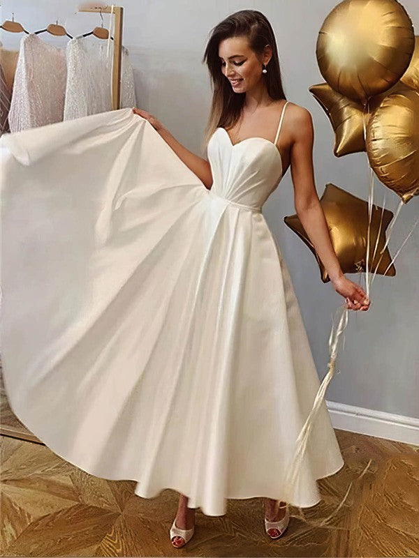 Trendy A-Line Sweetheart Spaghetti Straps Satin Ankle-Length Wedding Dresses with Ruffles
