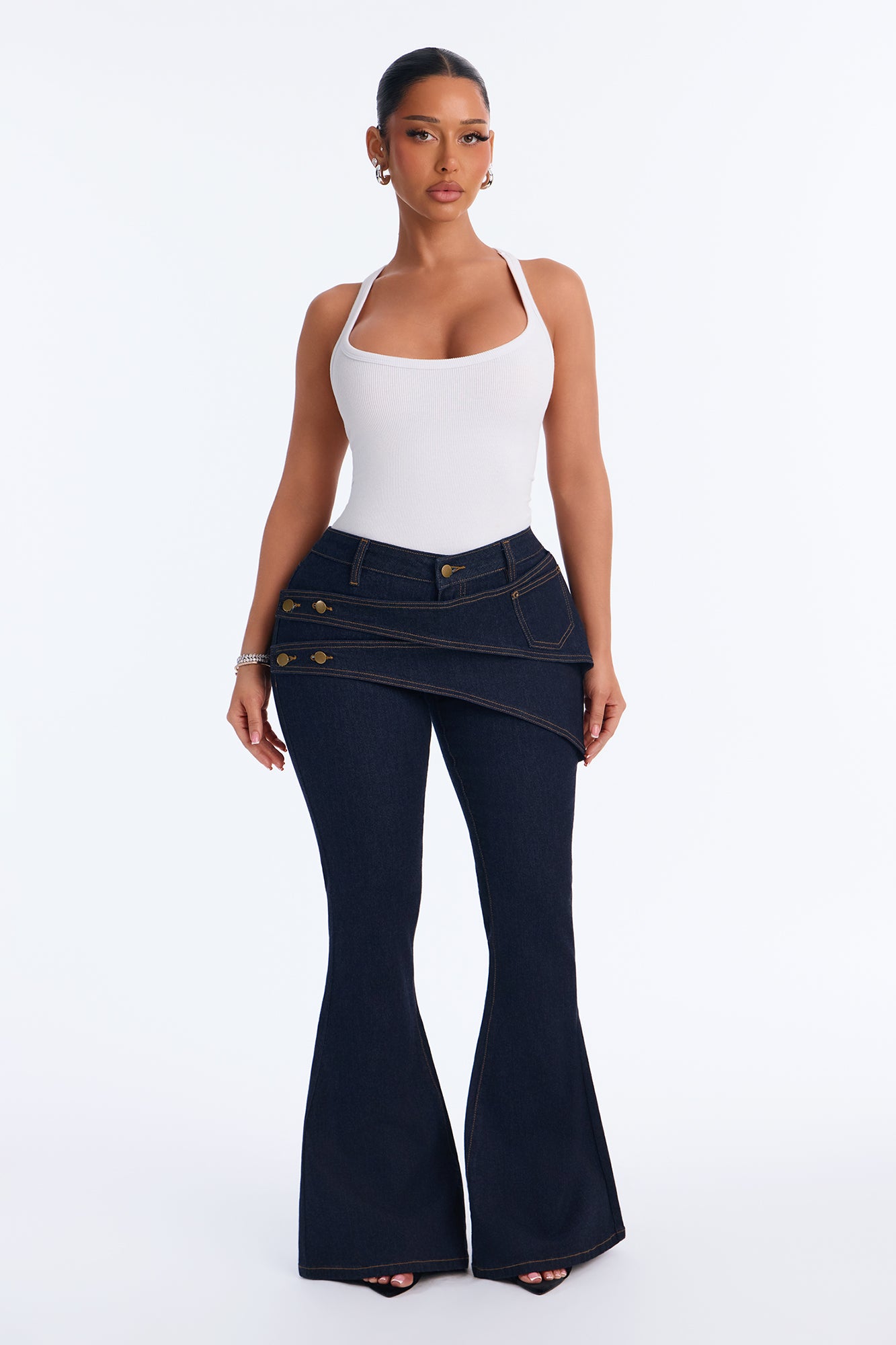 Make My Move Wrap Stretch Flare Jeans - Dark Denim
