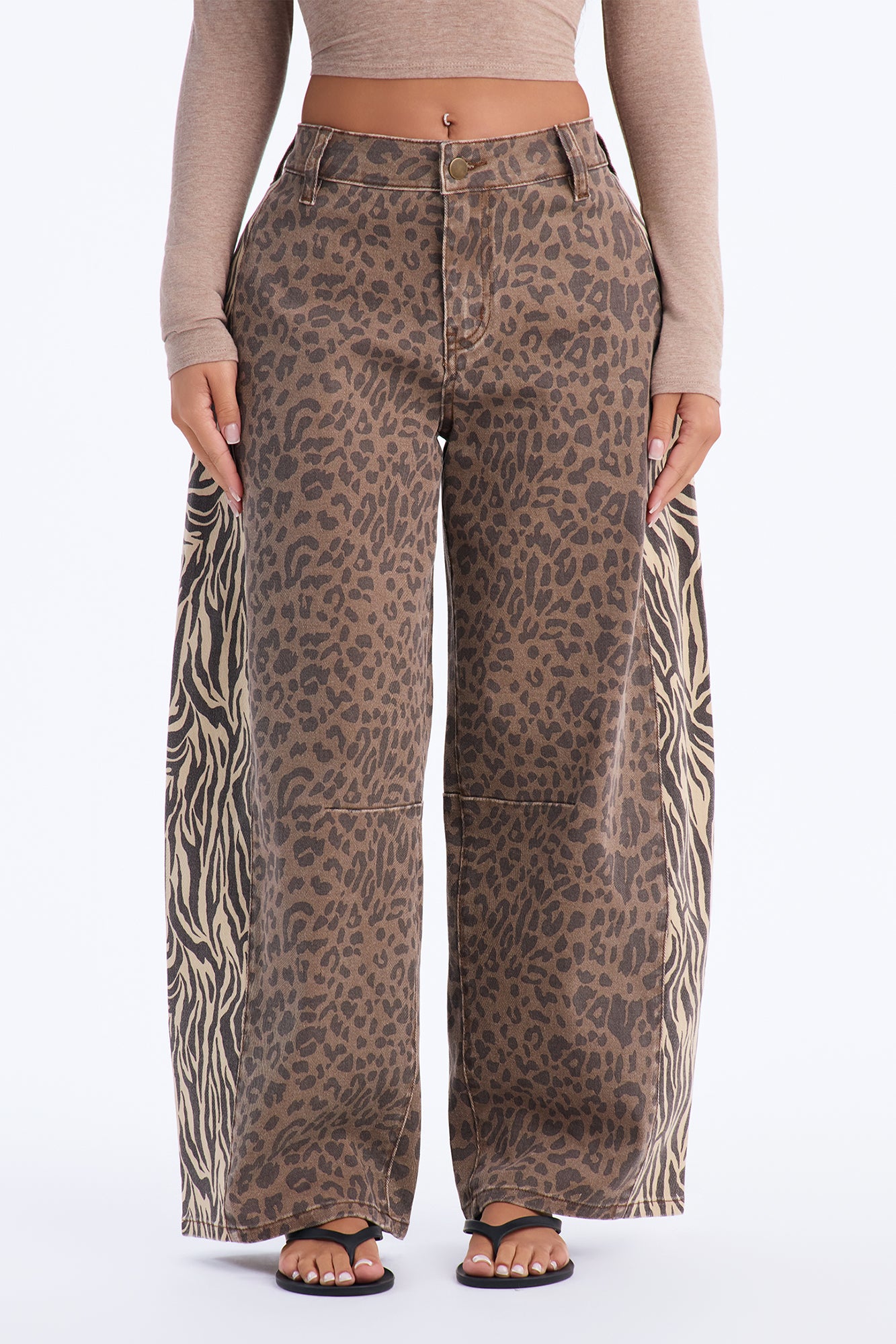 Aisha Animal Low Rise Crop Barrel Leg Twill Pant - Brown Combo