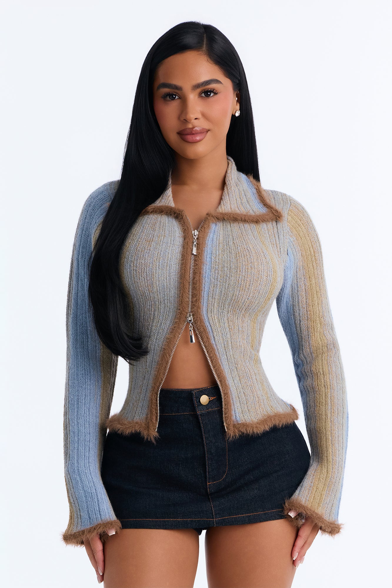 Ombre Cozy Zip Front Cardigan - Blue/combo