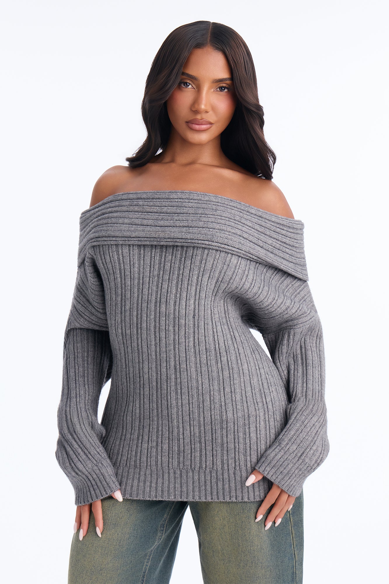 Quiet Breeze Oversized Chunky Off Shoulder Sweater - Grey