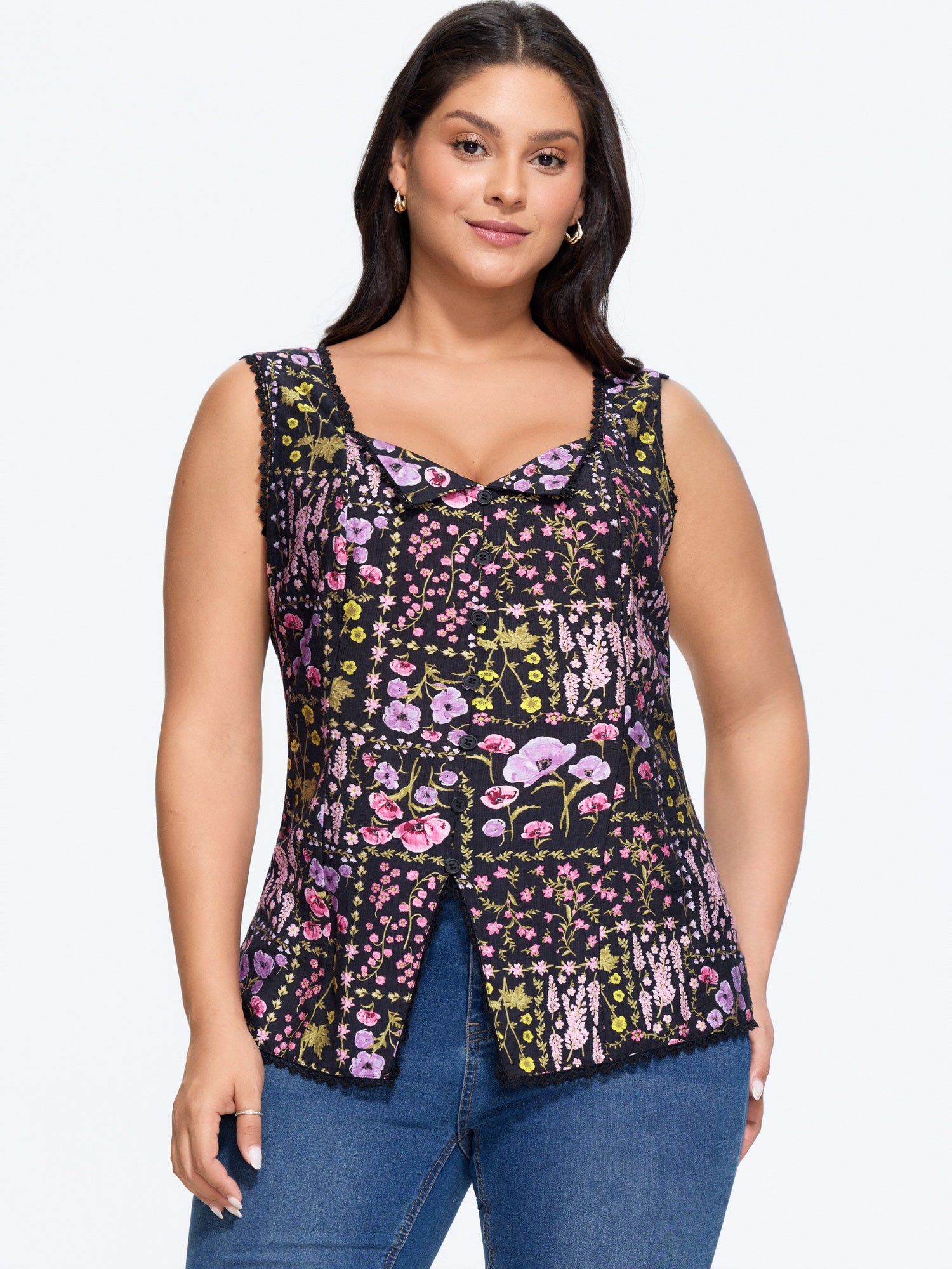 Floral Print Lace Trim Tank Top