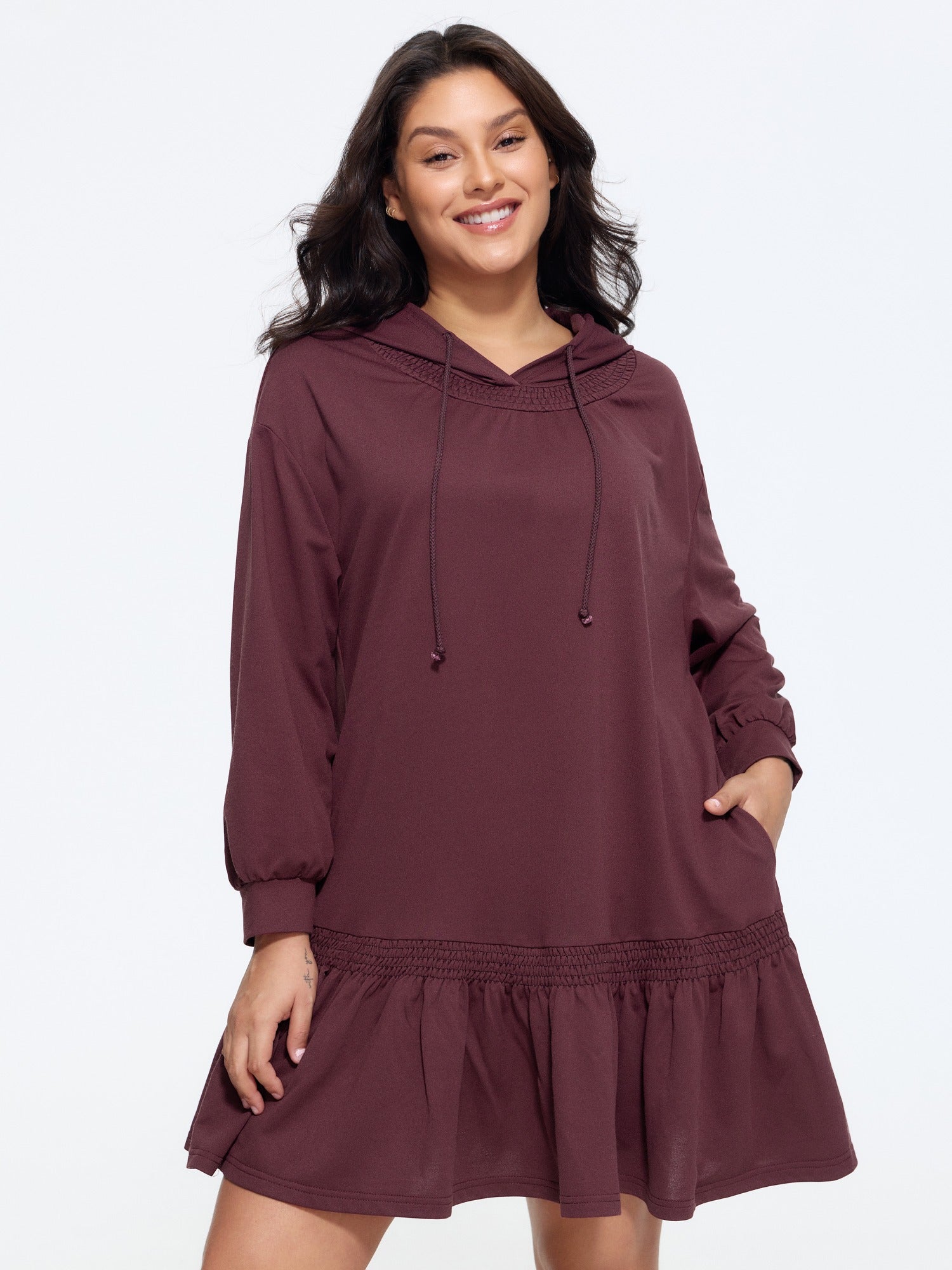 Solid Shirred Drawstring Hoodie Mini Dress