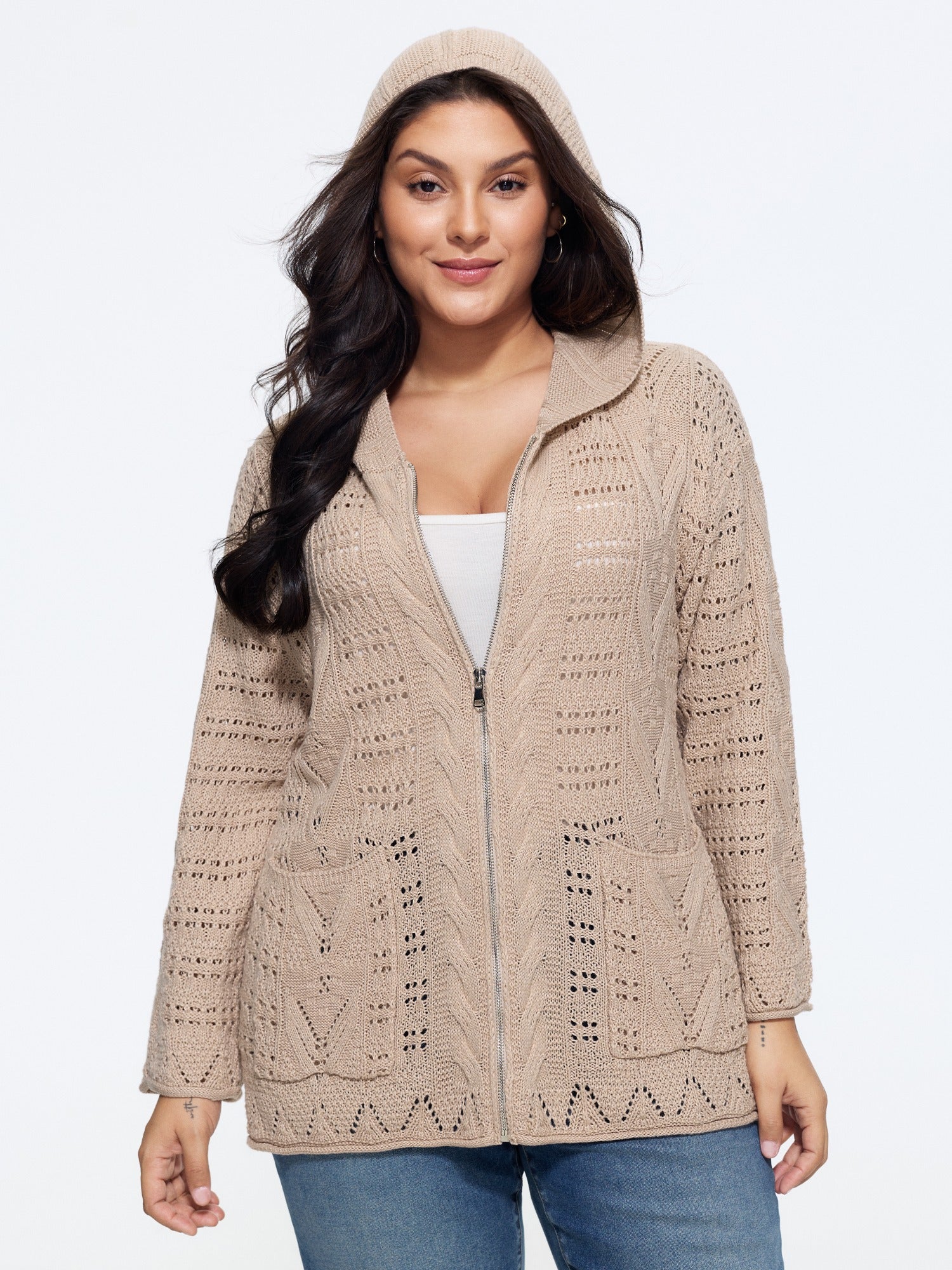 Textured Full Zip Cut Out Hooded Cardigan