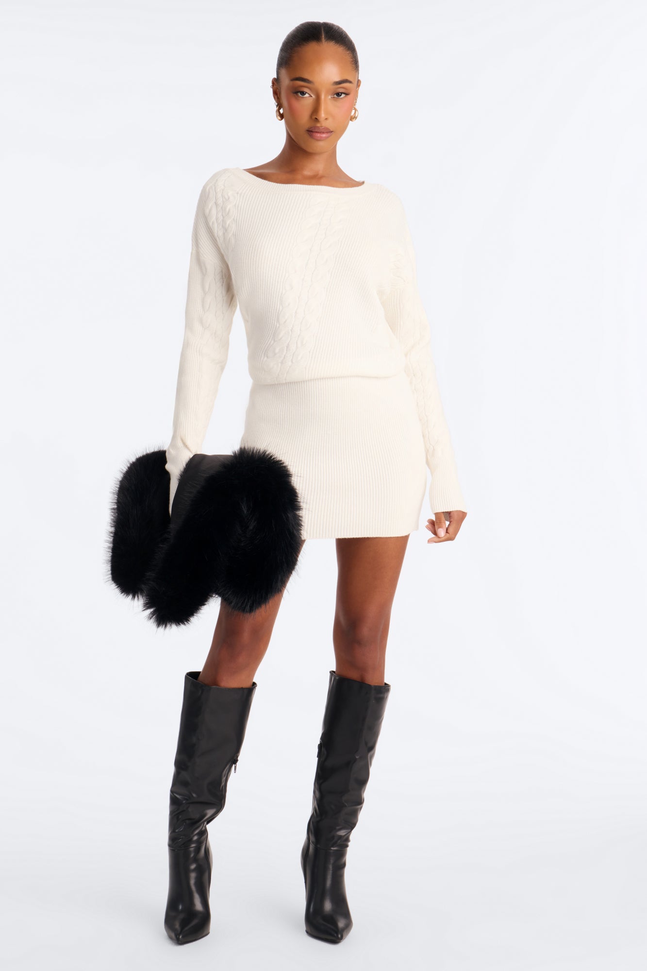 Coralie Cable Knit Sweater Mini Dress - White