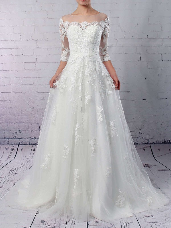 Elegant Bateau  Ball Gown 3/4 Long Sleeves Tulle Sweep Train Wedding Dresses with Appliques