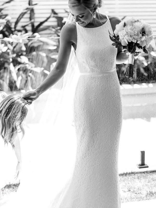 Stunning Mermaid Crew Neck Backless Sleeveless Lace Sweep Train Wedding Dresses