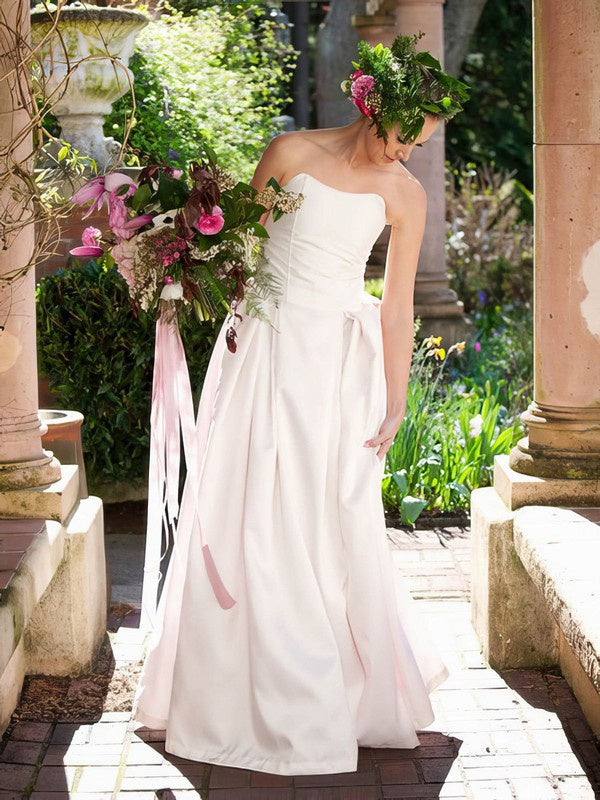 Stylish A-Line Strapless Satin Floor-Length Wedding Dresses with Ruffles