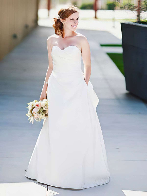 Charming A-Line Sweetheart Strapless Satin Floor-Length Wedding Dresses with Pockets