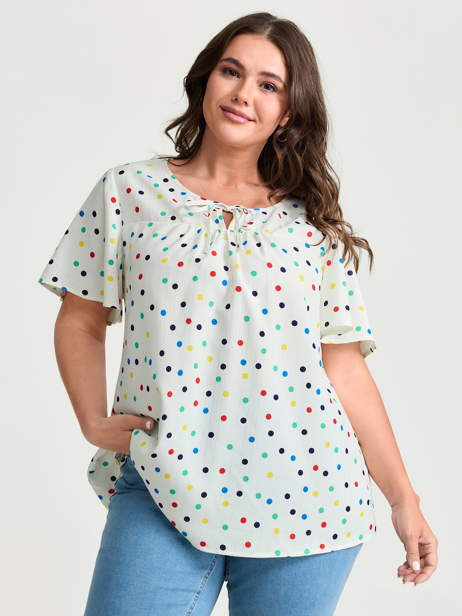 Colorful Polka Dots Drawstring Ruched Blouse