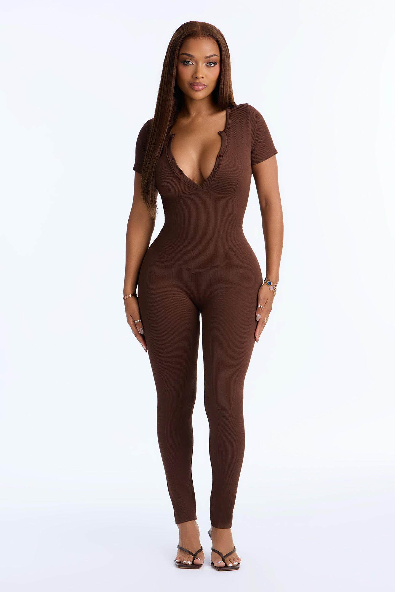 Carrie Seamless Ribbed V Neck Skinny Jumpsuit - Chocolate