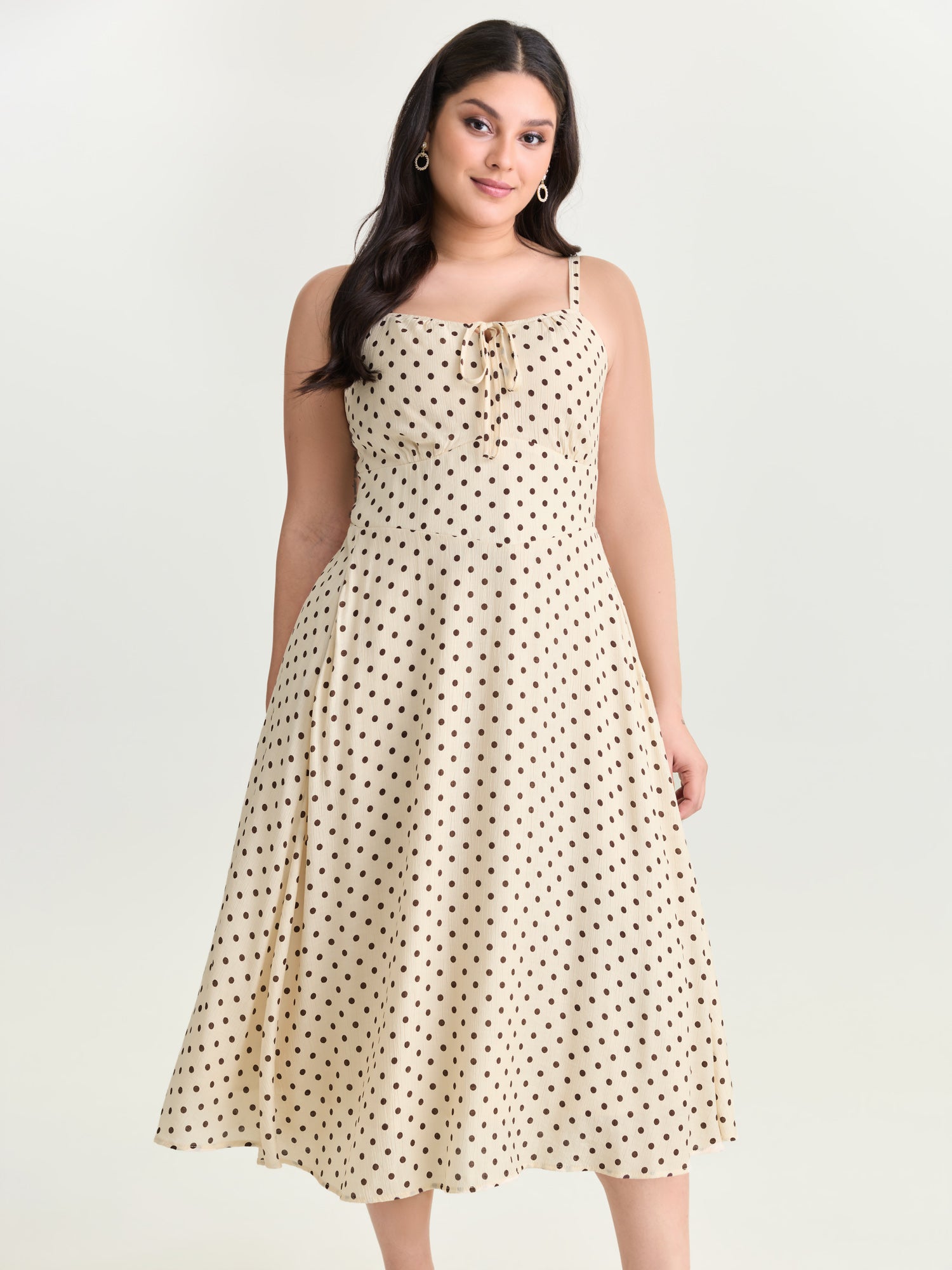 Polka Dots Triangular Waist Shirred Midi Dress