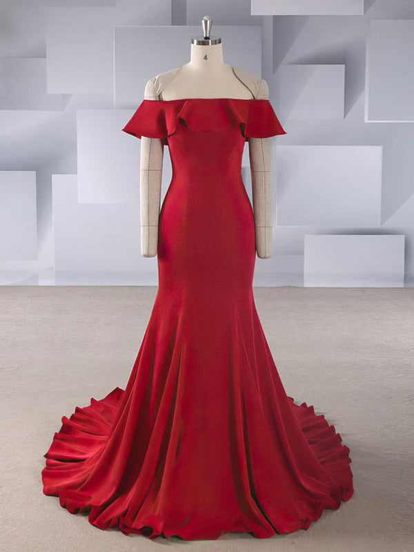 Stunning Red Mermaid Off-The-Shoulder Stretch Satin Wedding Dresses with Sweep Train