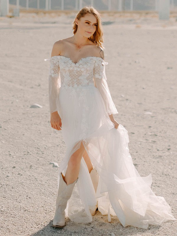 Chic Sweep Train Long Sleeves A-Line Off-The-Shoulder Tulle Wedding Dresses with Split