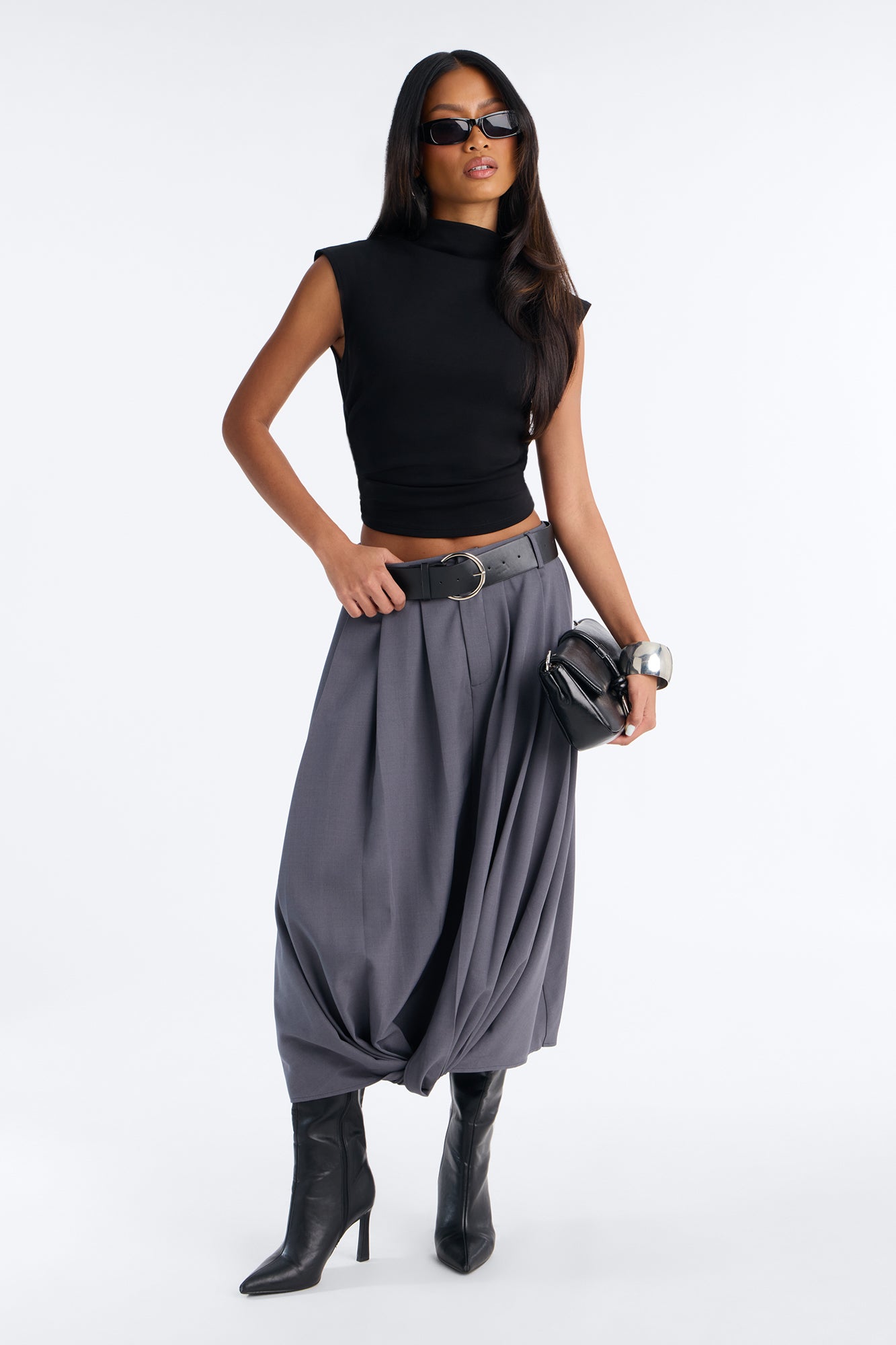 Sloane Draped Trouser Midi Skirt - Charcoal