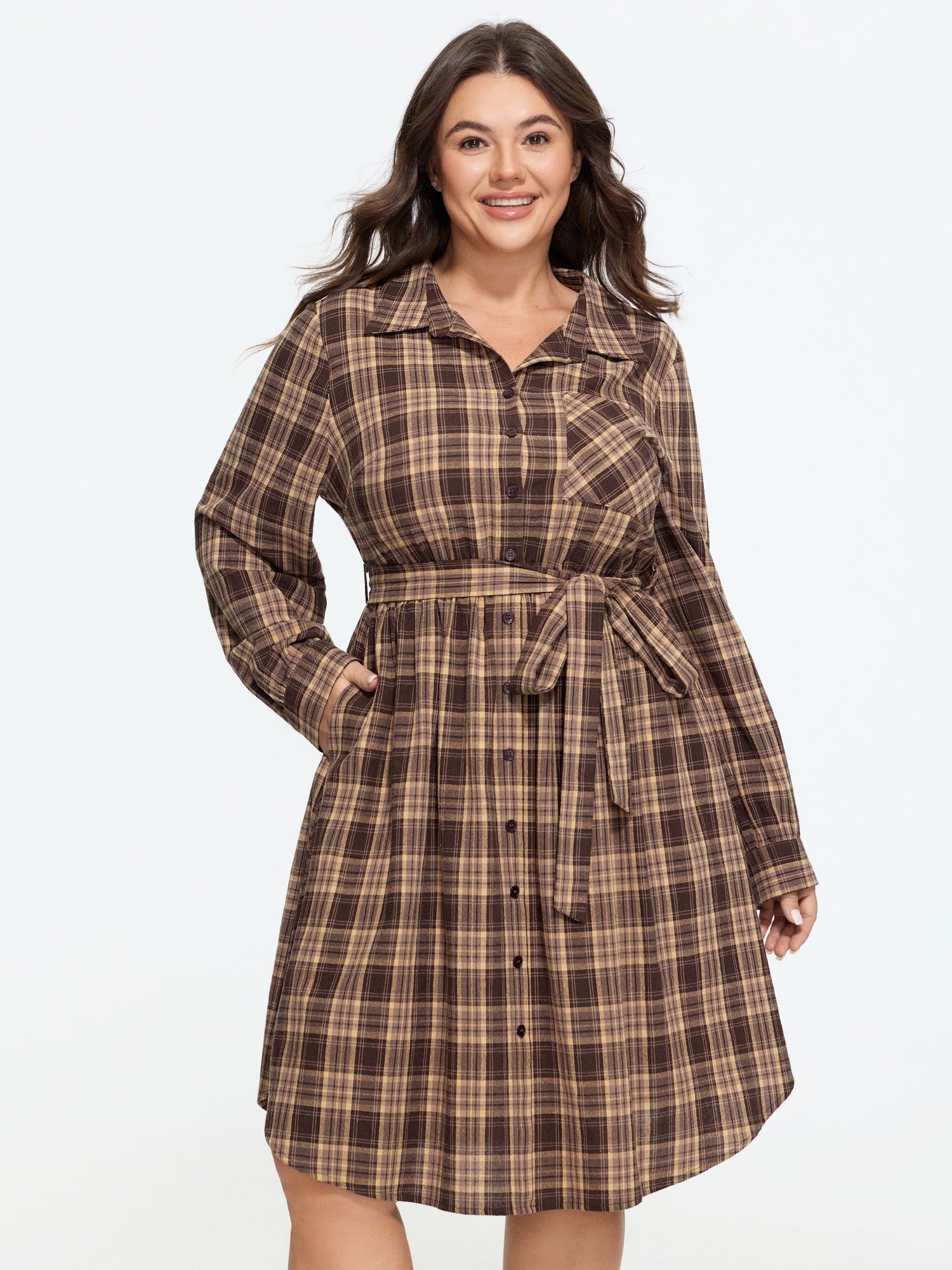 Cotton Plaid Button Down Tie Waist Midi Dress