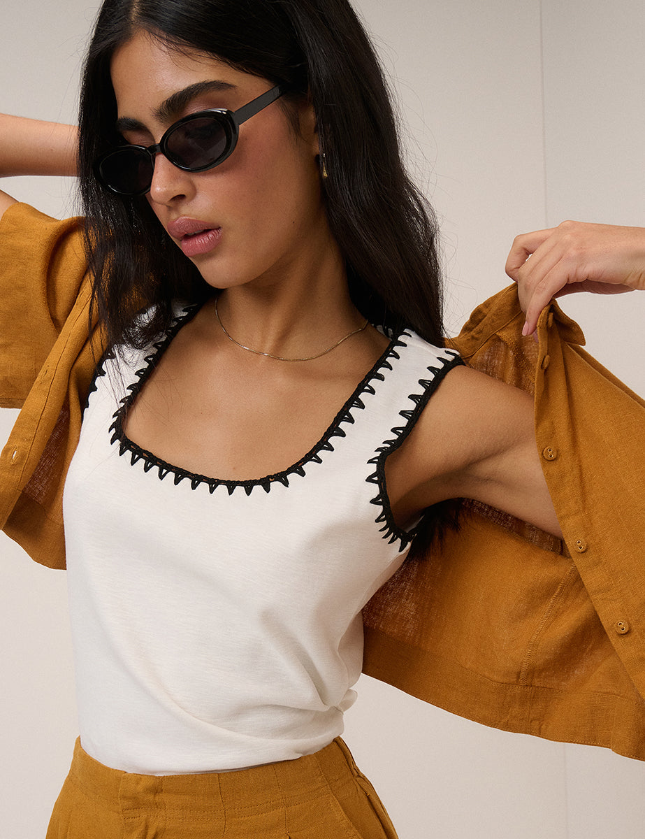 White Crochet Trim Vest