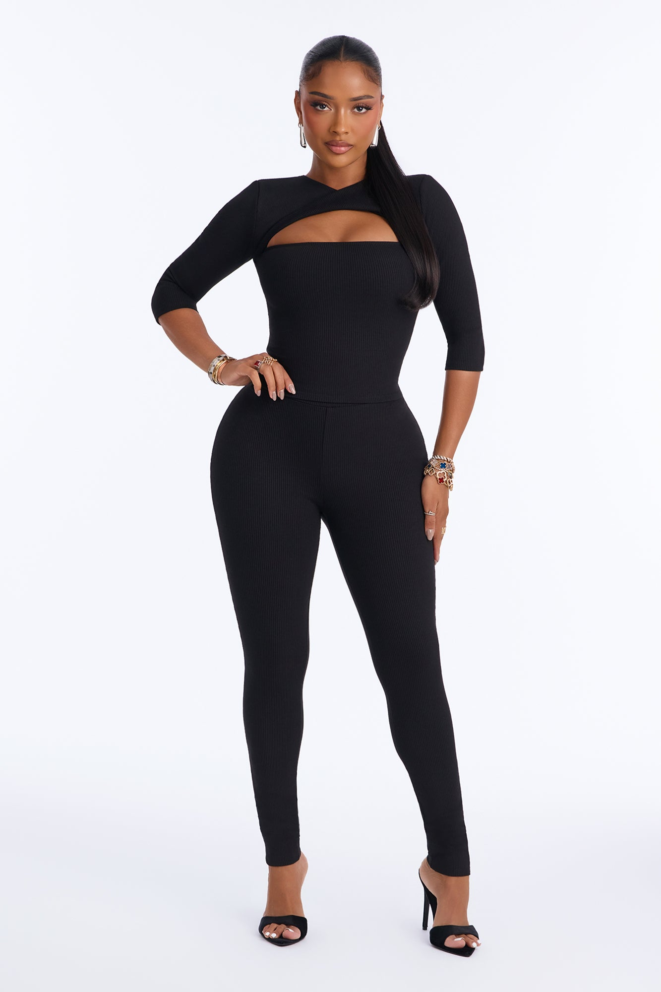 Jadyn Snatched 3/4 Sleeve Pant Set - Black