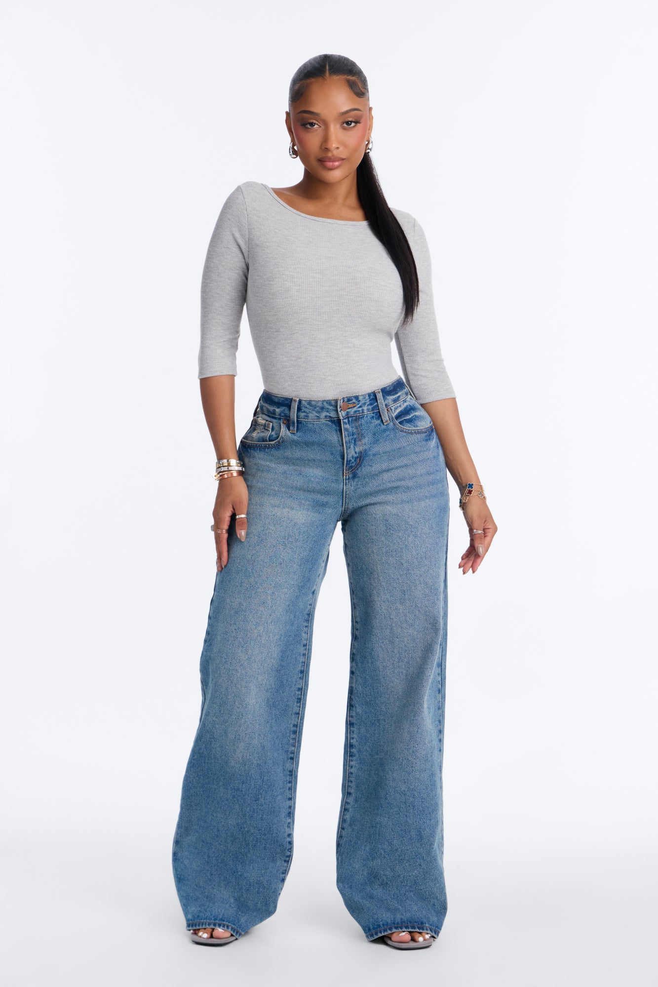Melanie Ribbed Elbow Sleeve Bodysuit - Heather Grey
