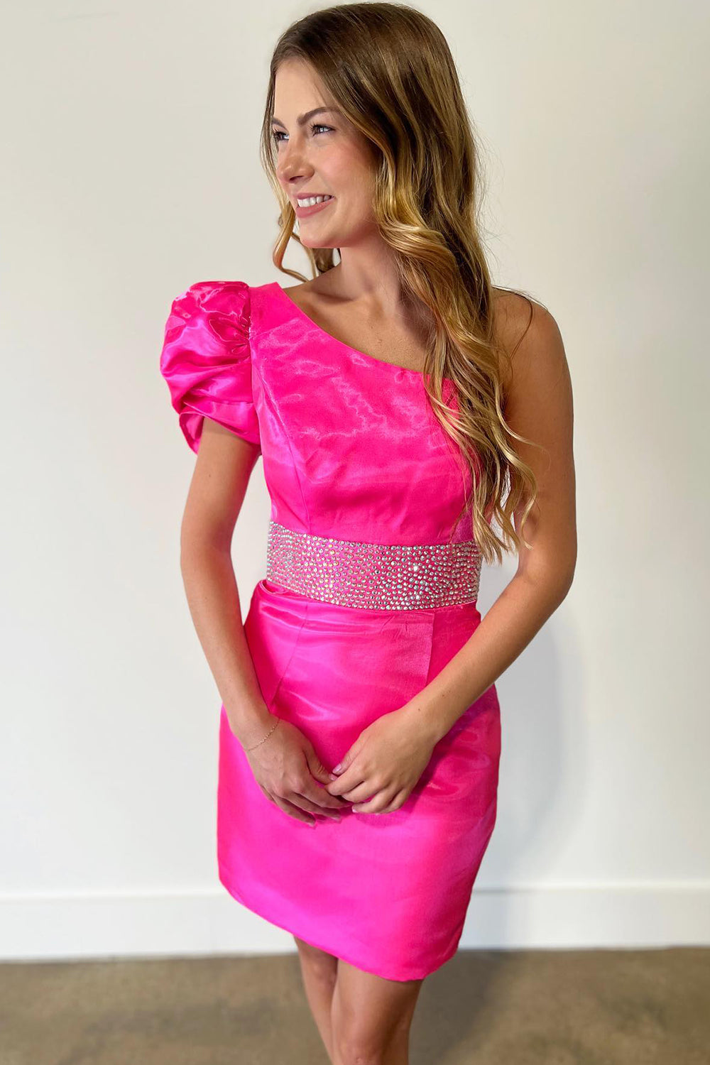 Sparkly Fuchsia Beaded One Shoulder Tight Short Homecoming Dress/Mini Dress