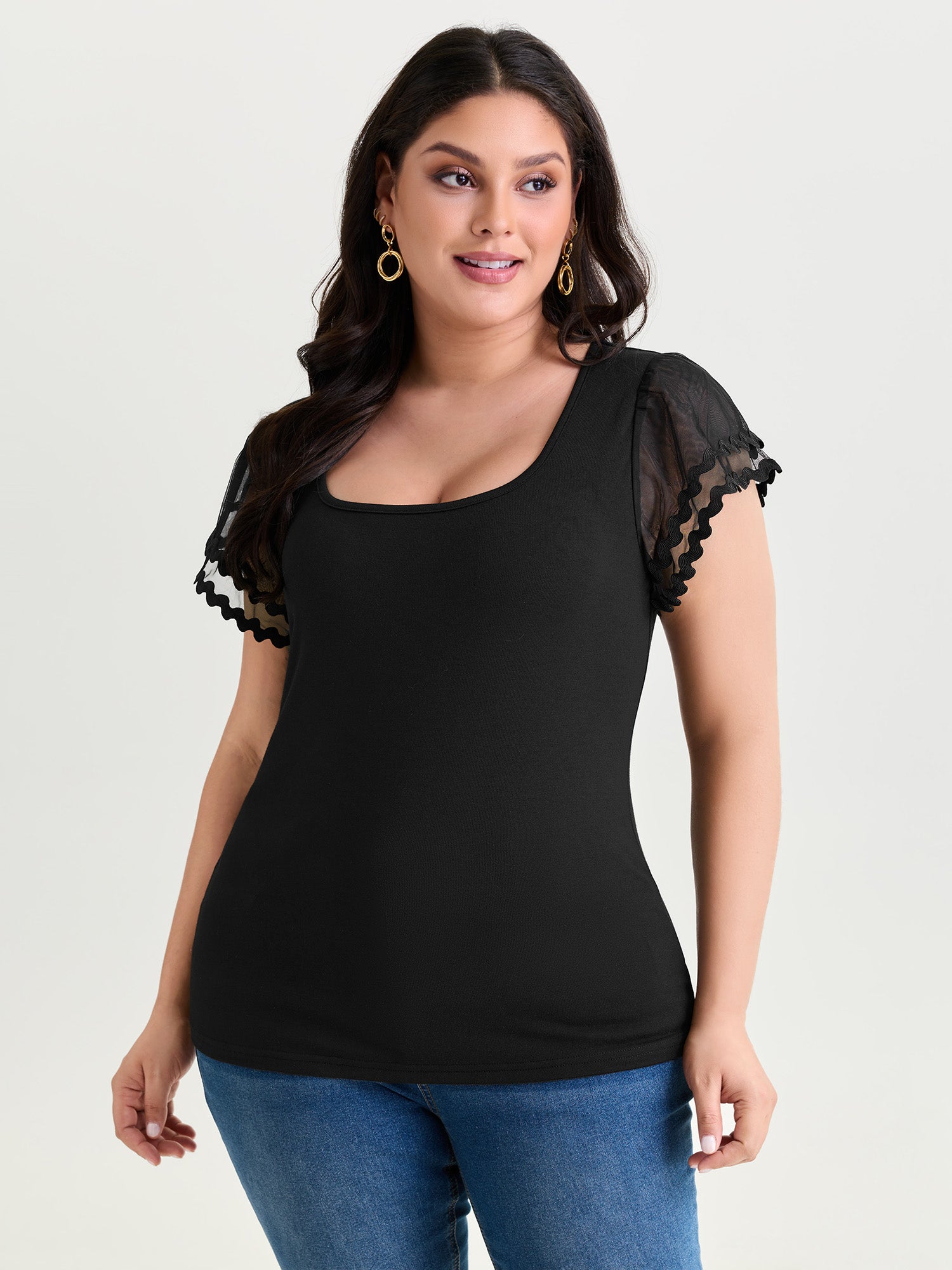 Sheer Ruffled Sleeve Square Neck Knit Top
