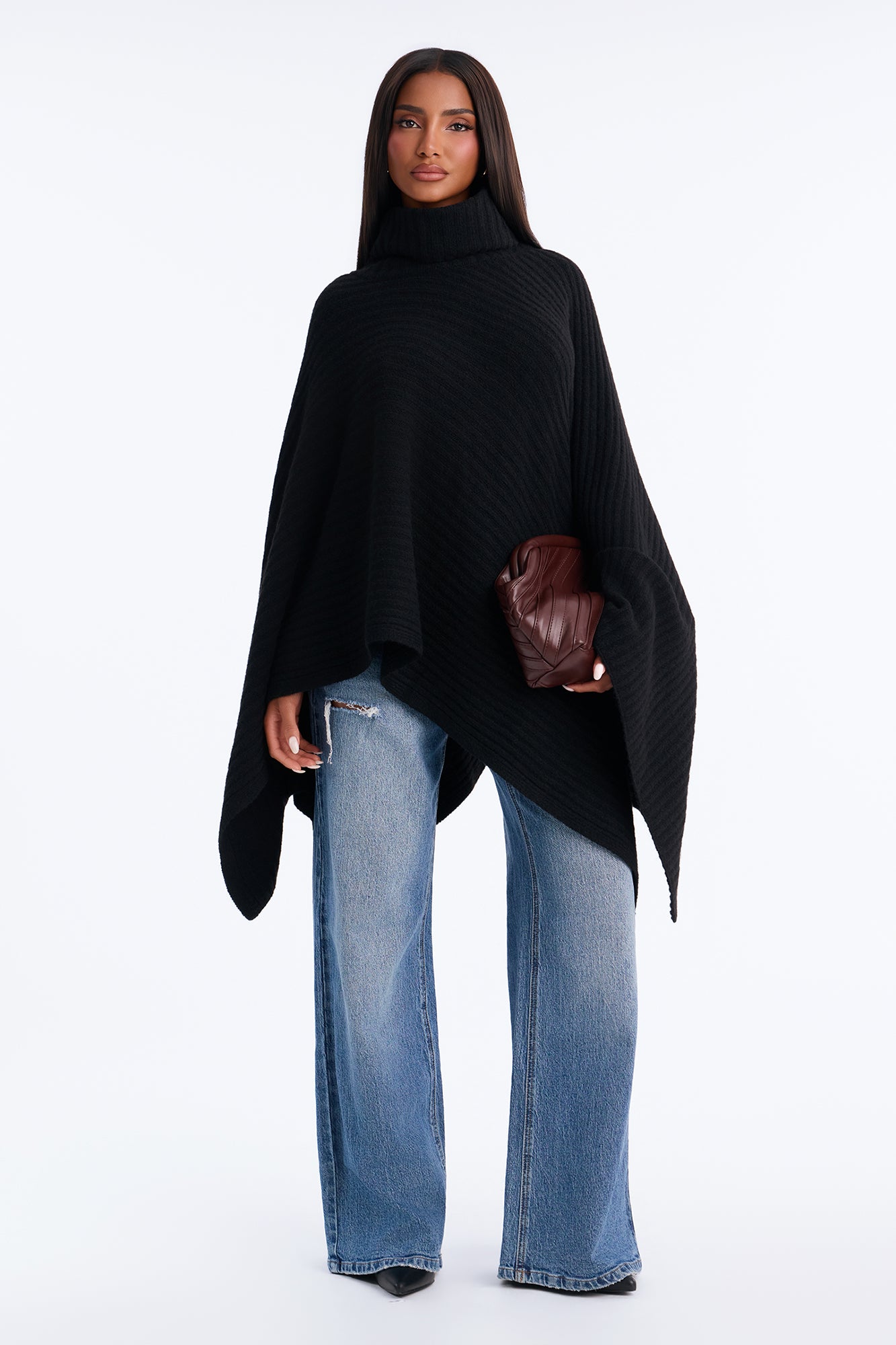 Carrie Turtle Neck Poncho Sweater - Black
