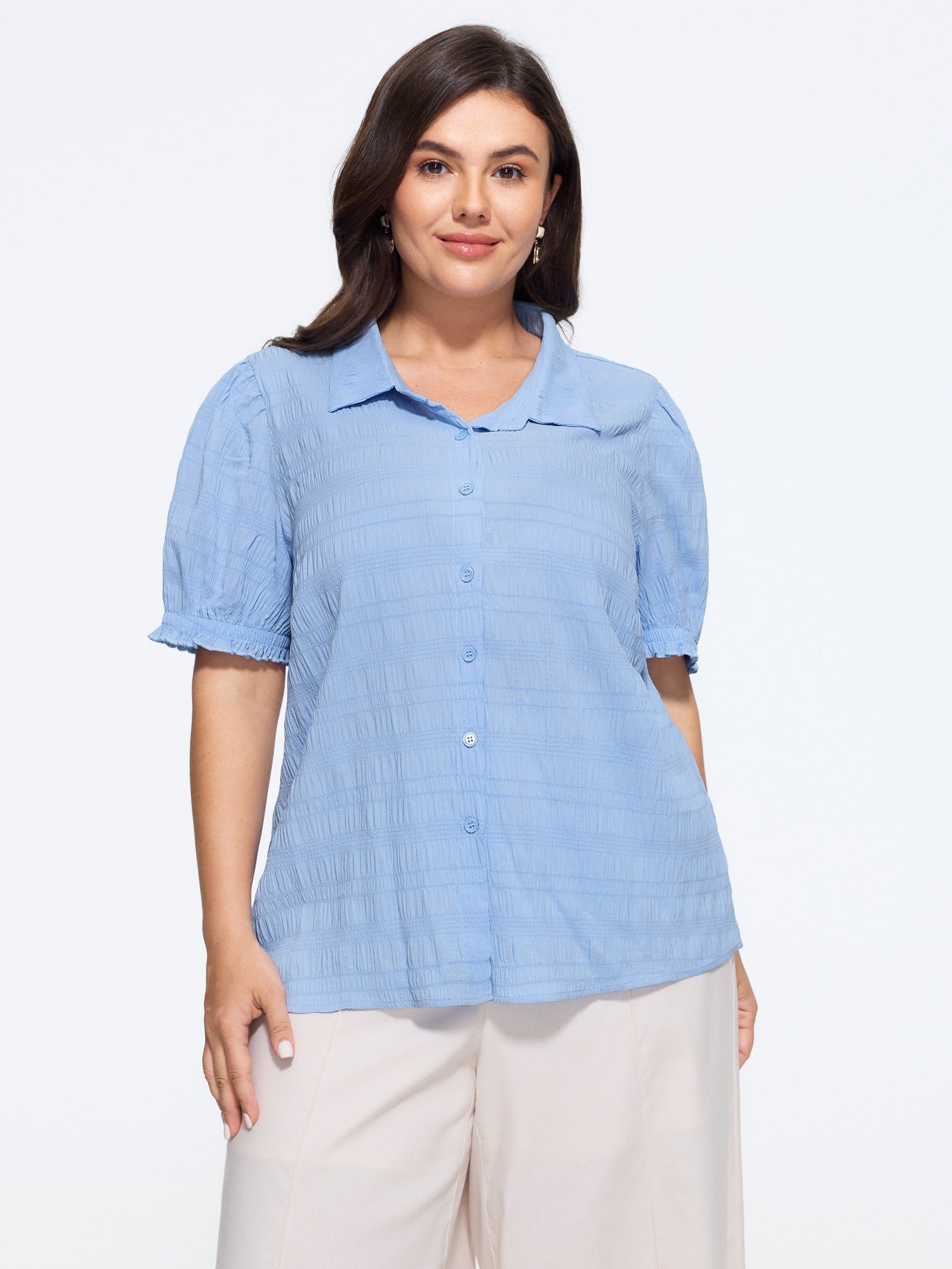 Textured Collared Button‑Front Blouse