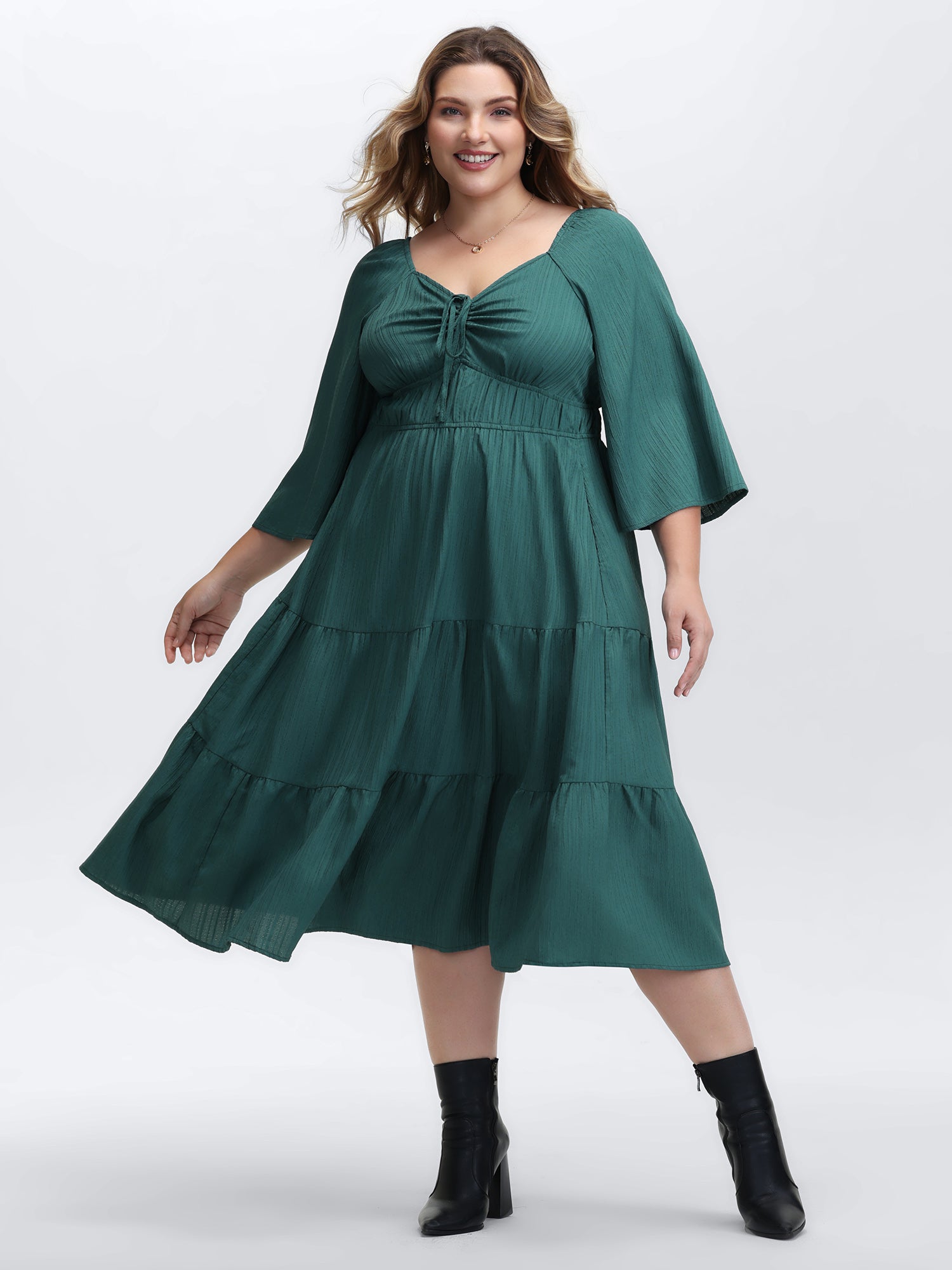 Textured Chest Drawstring Three Quarter Sleeve Midi Dress