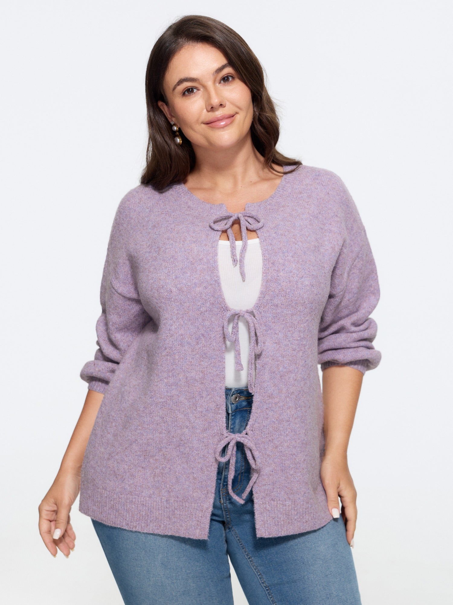 Round Neck Bow Knot Tie Front Cardigan