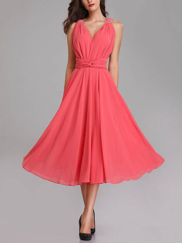 Deluxe A-Line Sleeveless V-Neck Chiffon Tea-Length Bridesmaid Dresses