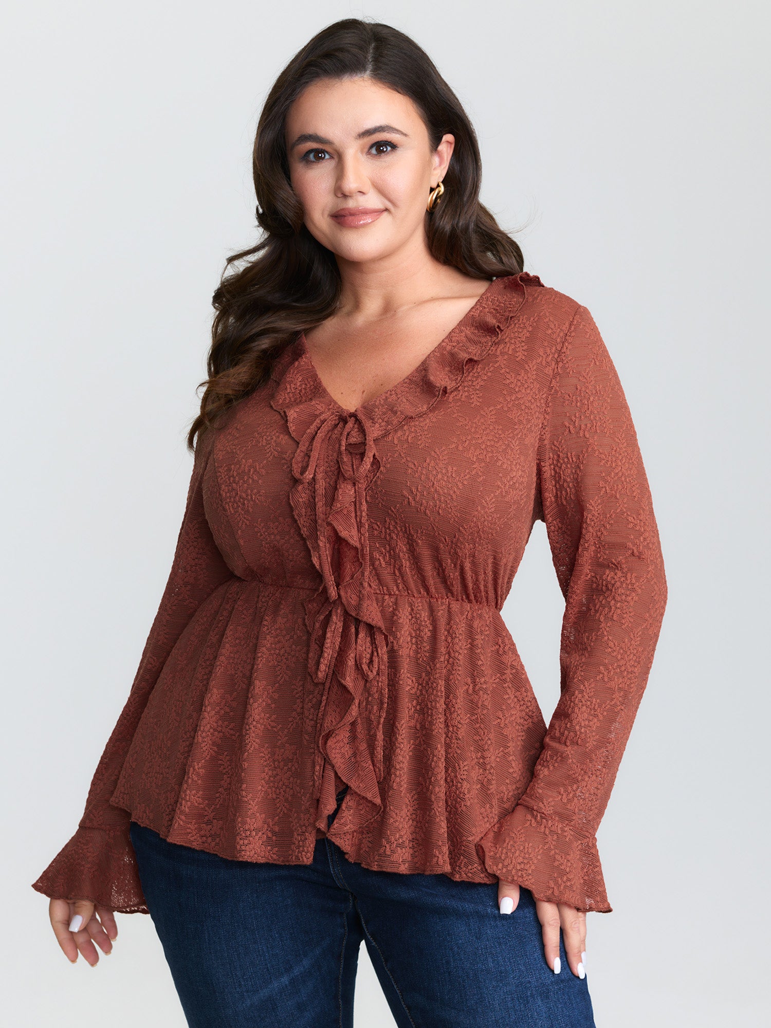 Ruffled Edge Lace Trim Tie Blouse
