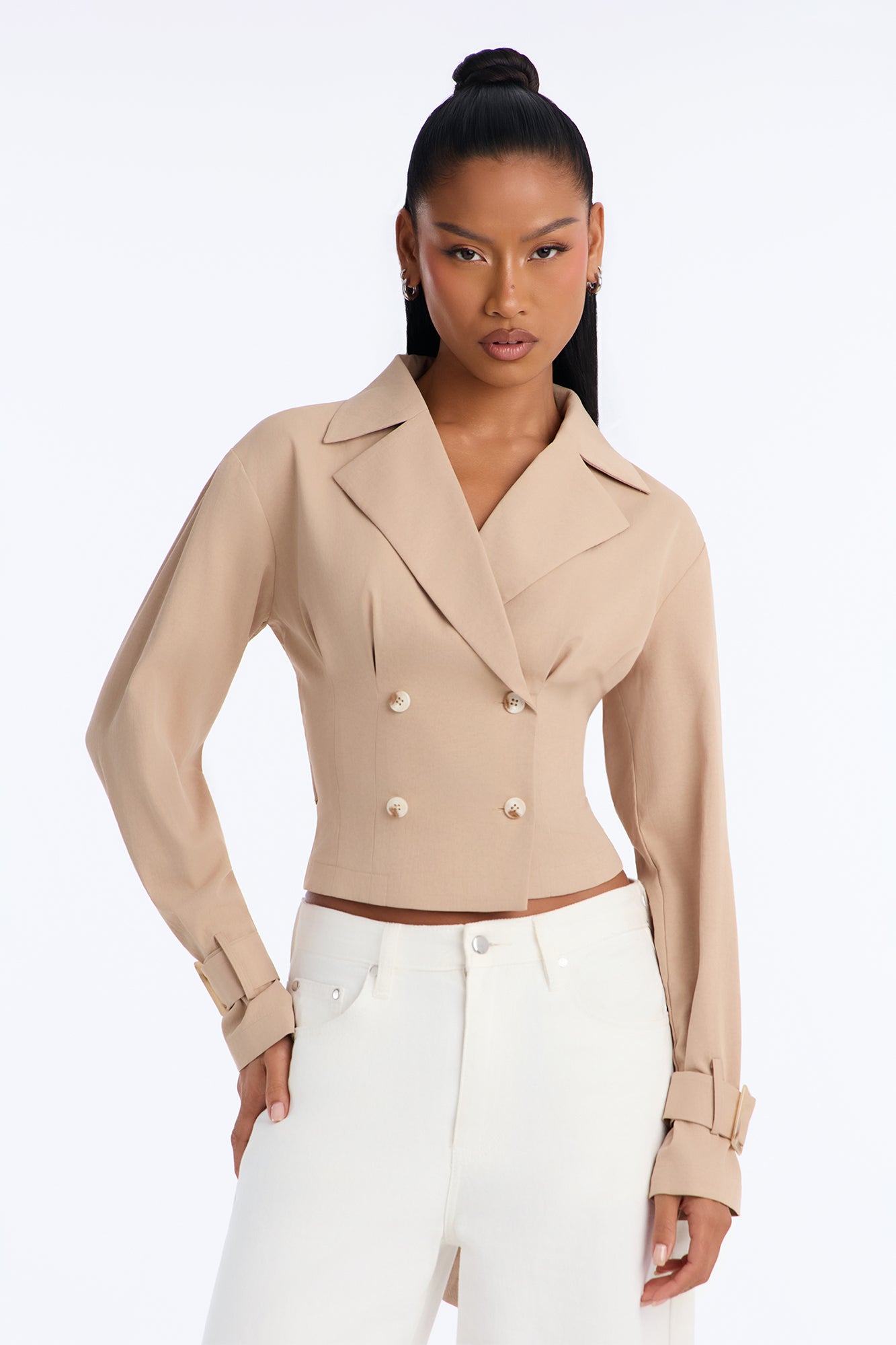 See It Through Button Up Long Sleeve Blouse - Khaki
