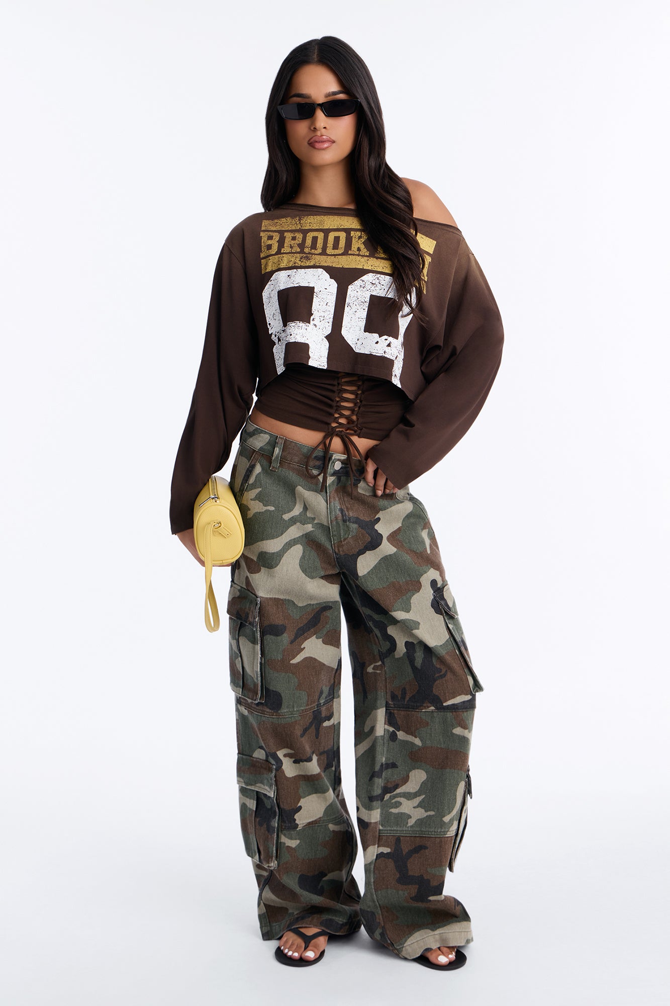 Brooklyn Dreamin Off Shoulder Long Sleeve Two Piece Tee - Brown