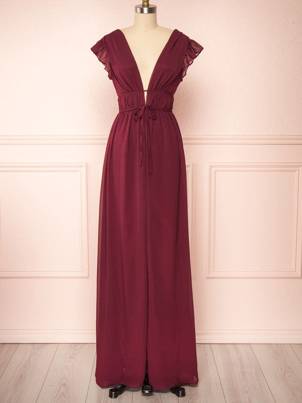 Glamorous A-Line V-Neck Chiffon Floor-Length Bridesmaid Dresses