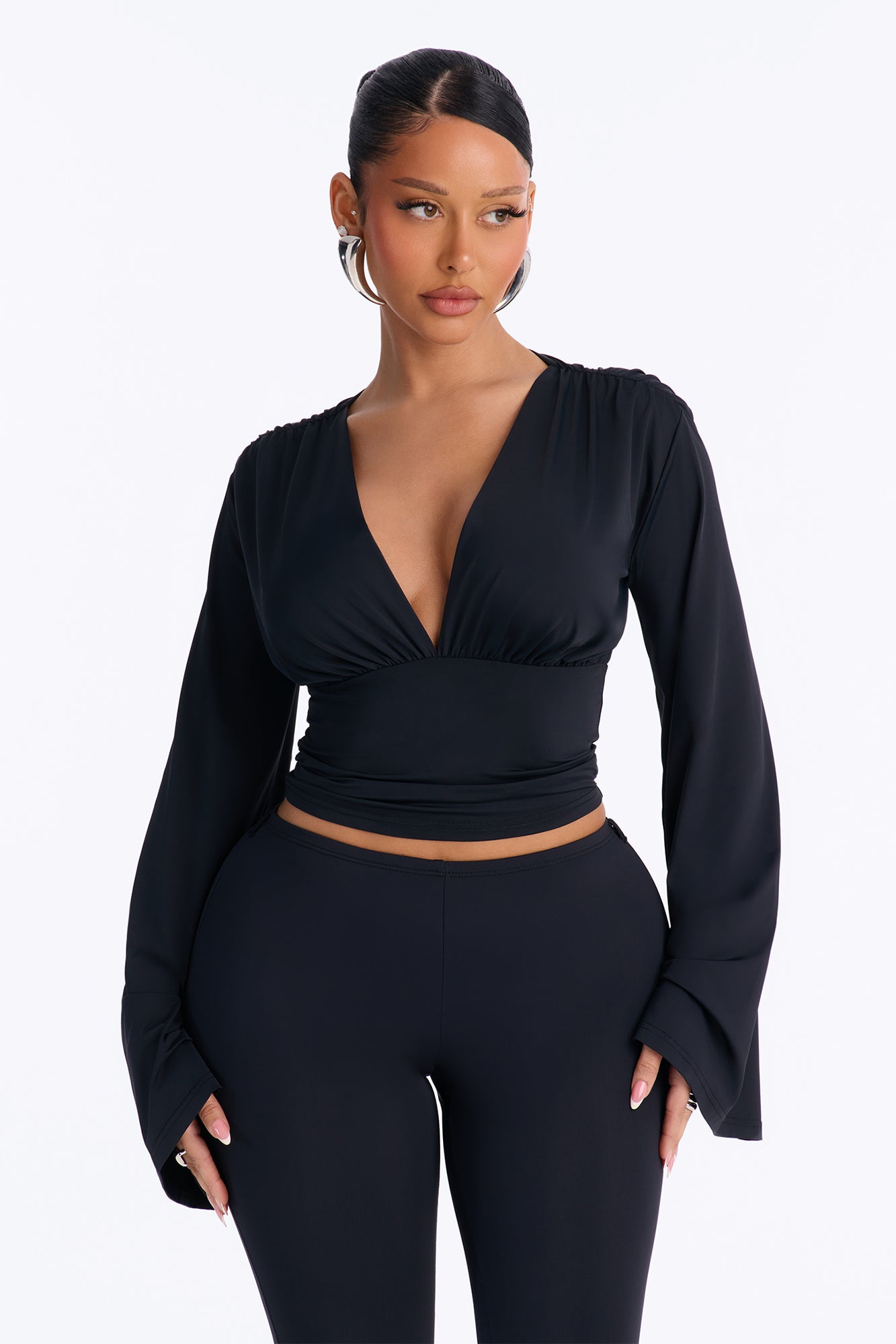 Miranda Ruched Long Sleeve V-Neck Top - Black
