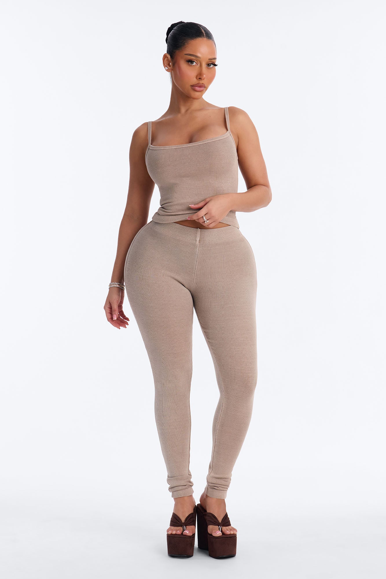 Tony Washed Ribbed Cami Legging Set - Washed Stone