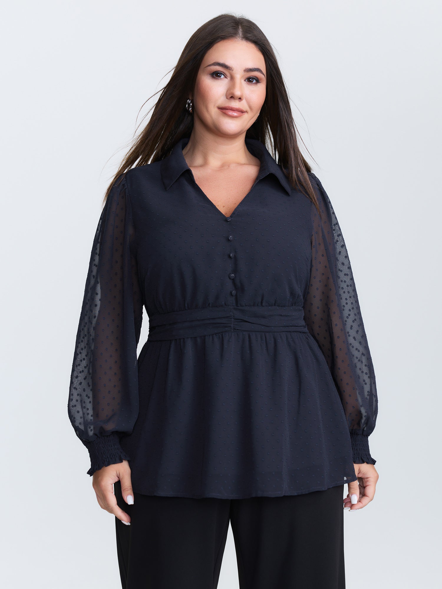 Textured Polka Dots Shirred Sheer Blouse