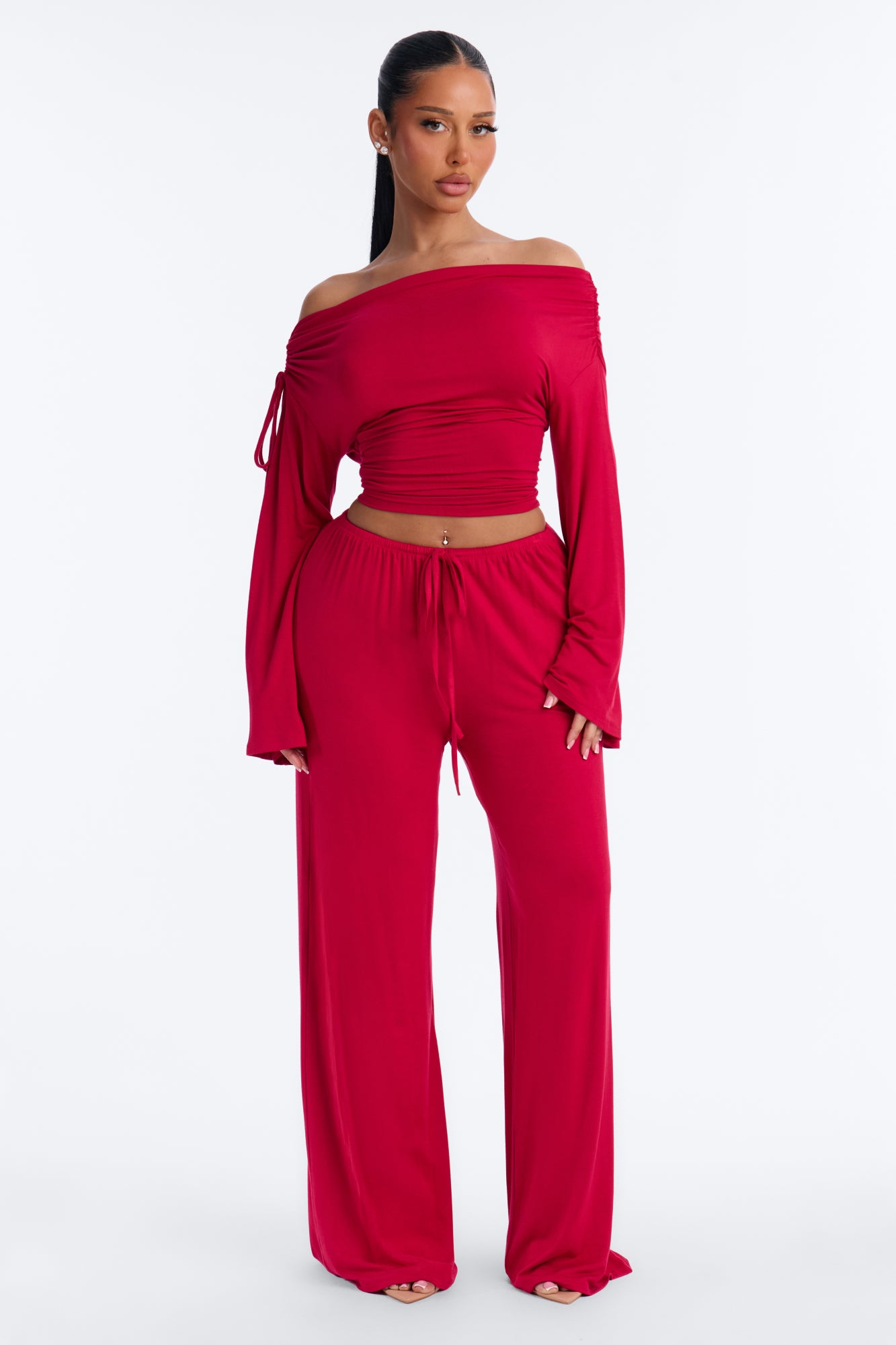 Tate Off Shoulder Pant Set - Red