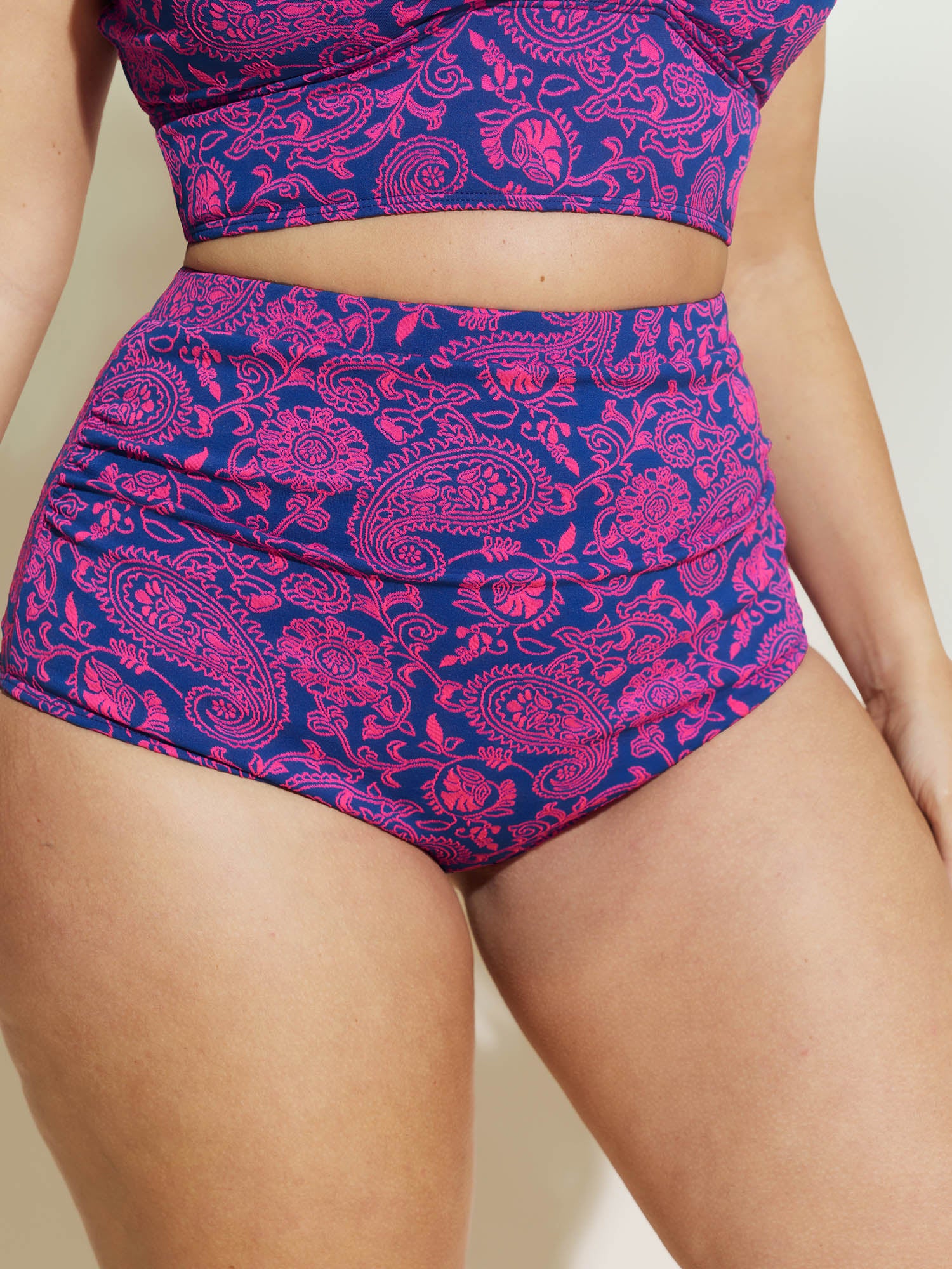 Textured Paisley Print Ruched Swim Bottoms